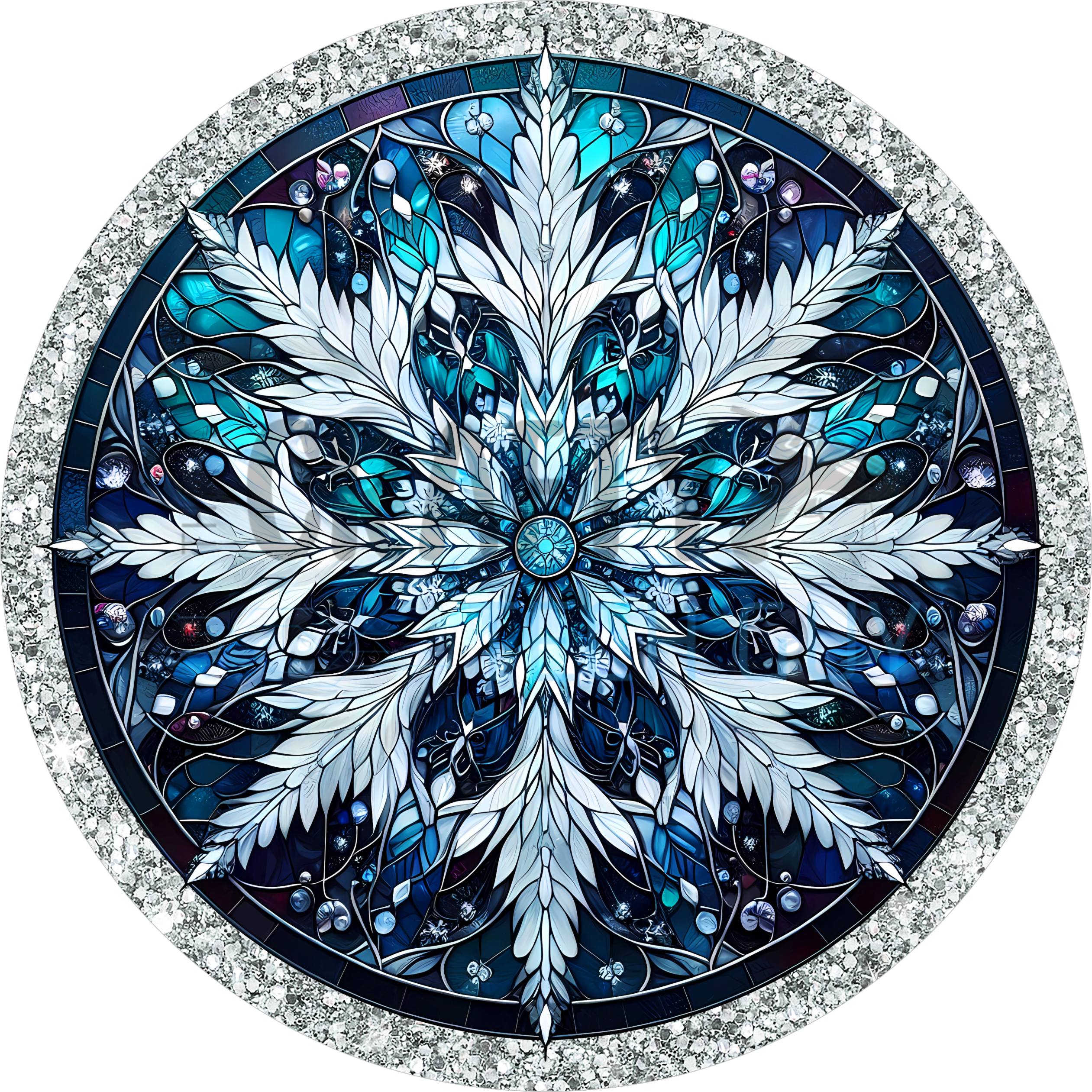 Blue and Silver Snowflake Design | Stained Glass Style Winter Art with Frosted Glitter Border | Elegant Christmas Décor Accent