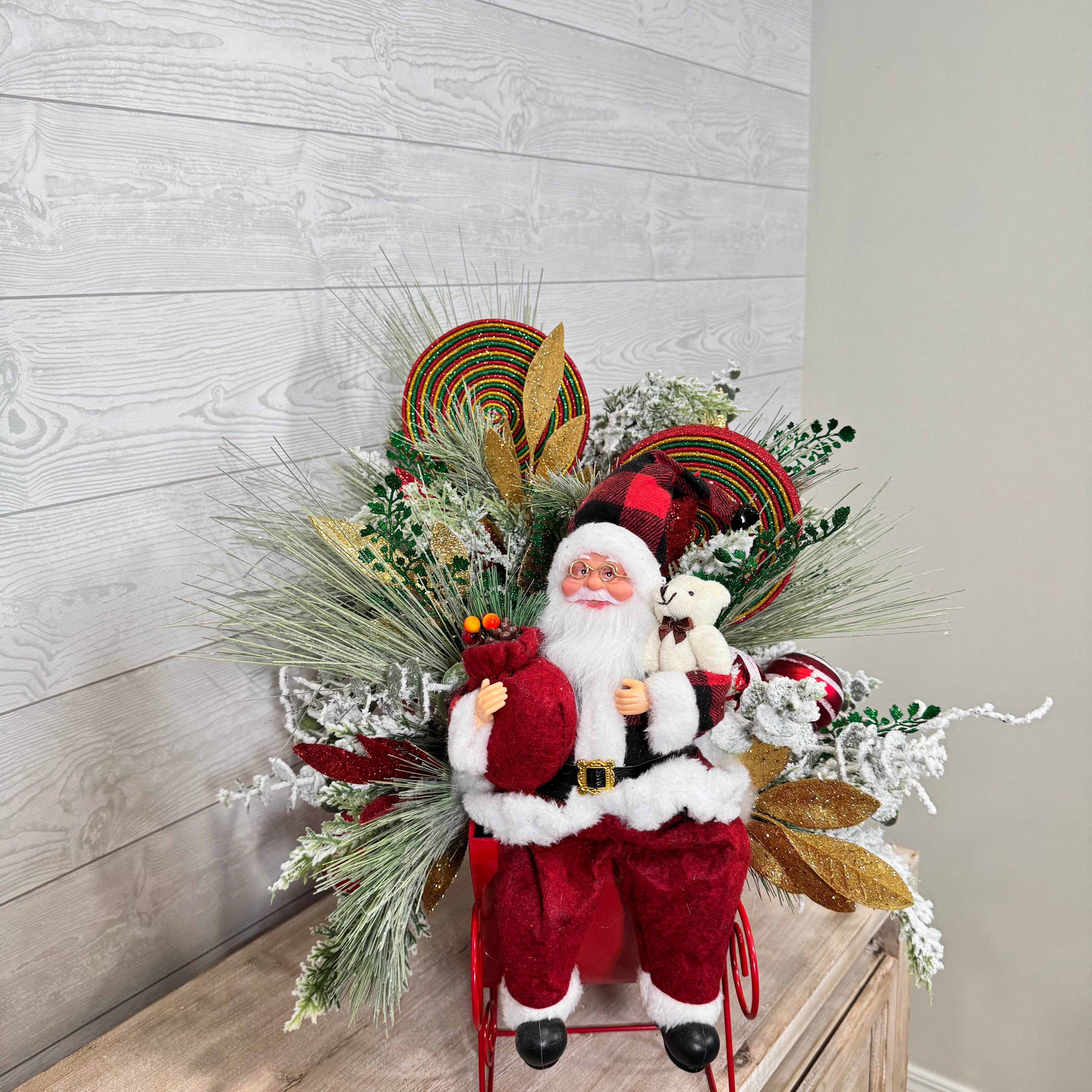 Santa Sleigh Christmas Centerpiece, Whimsical Holiday Arrangement with Plaid Santa, Lollipops & Frosted Greenery