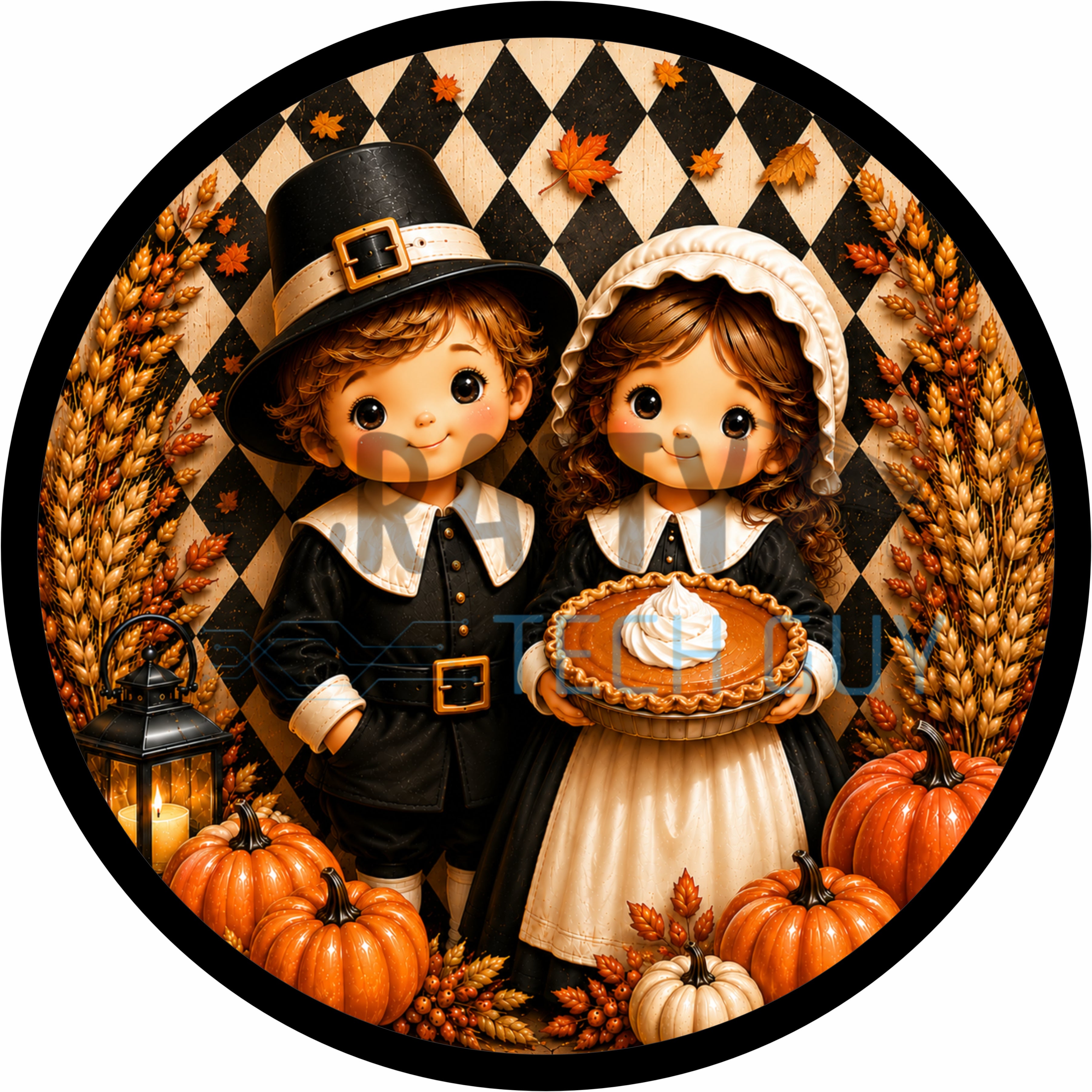 Vintage Pilgrim Boy and Girl Thanksgiving Round Wreath Sign