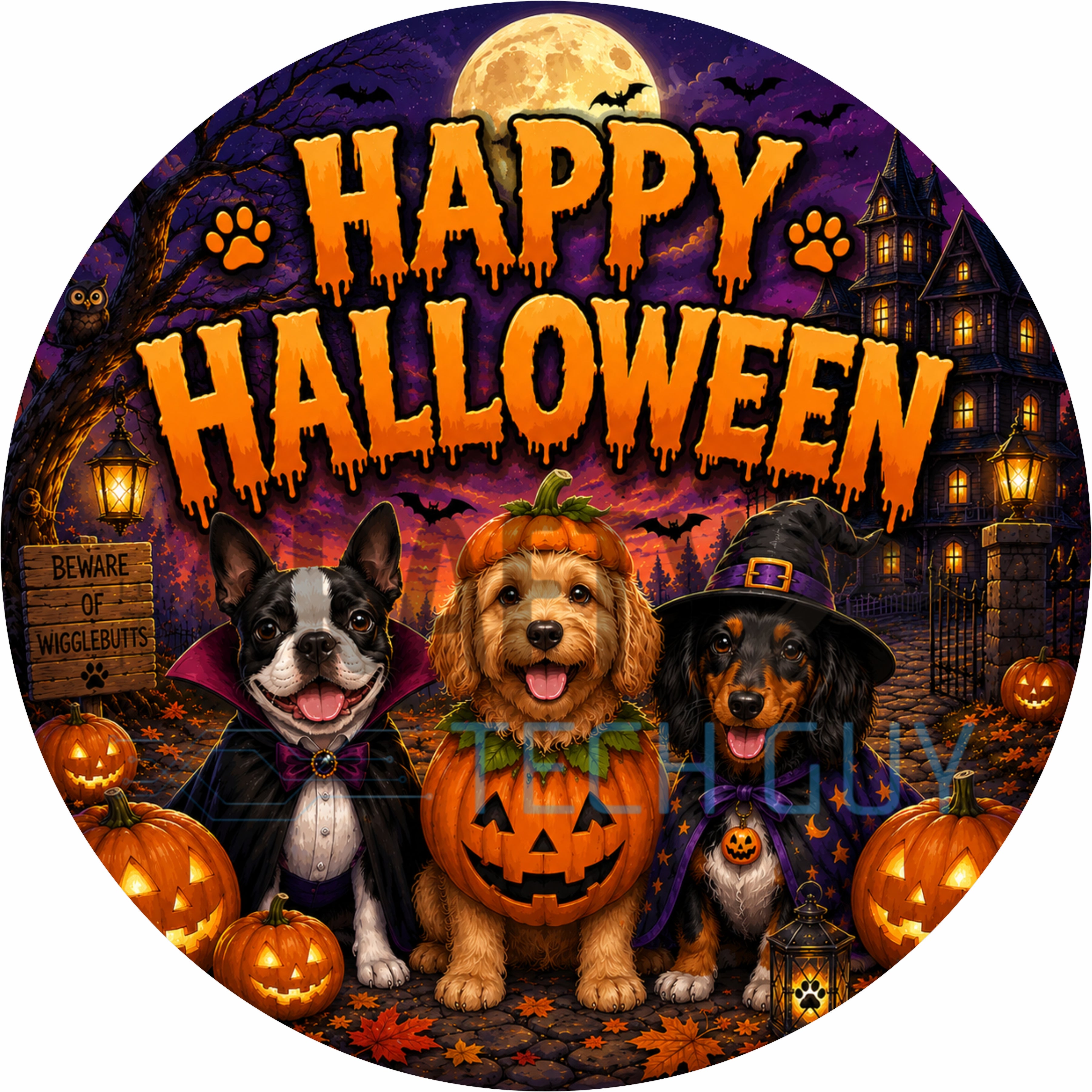 Happy Halloween Dogs Round Wreath Sign