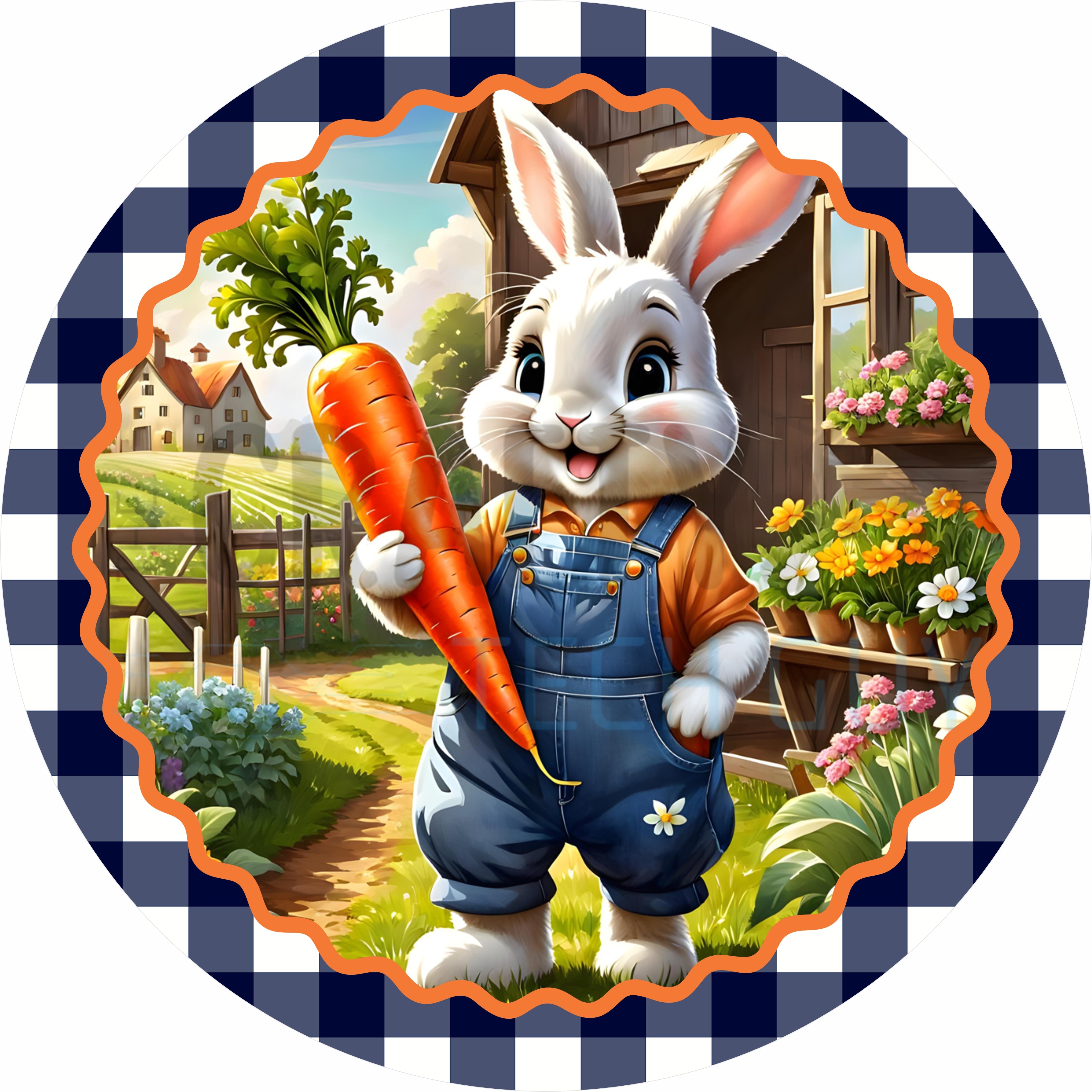 Easter Bunny Round Wreath Sign – Farm Bunny with Carrot Spring Door Decor