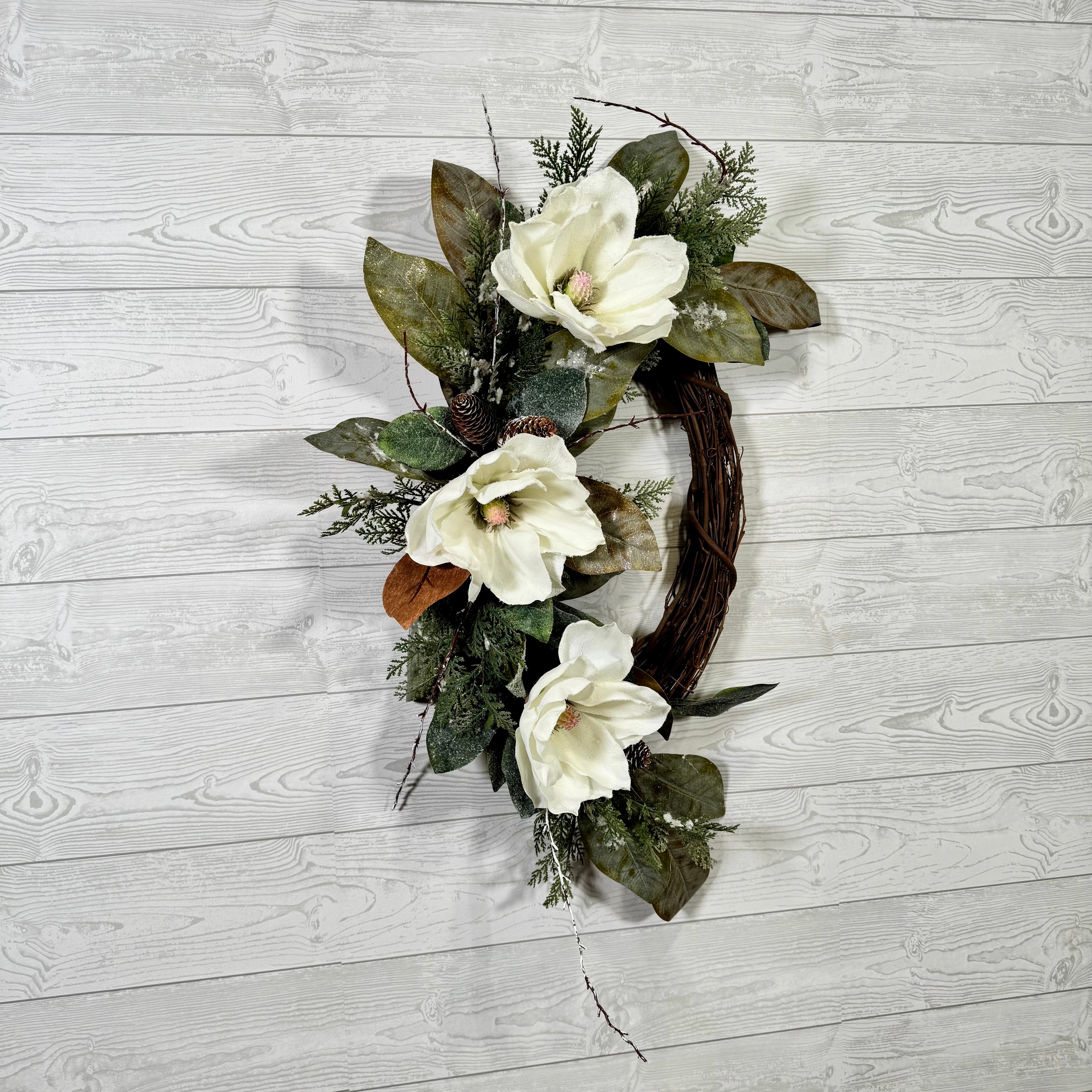 Elegant White Snowy Magnolia Wreath with Natural Greenery, Pine Accents, and Rustic Grapevine Base for Year-Round Front Door Decor