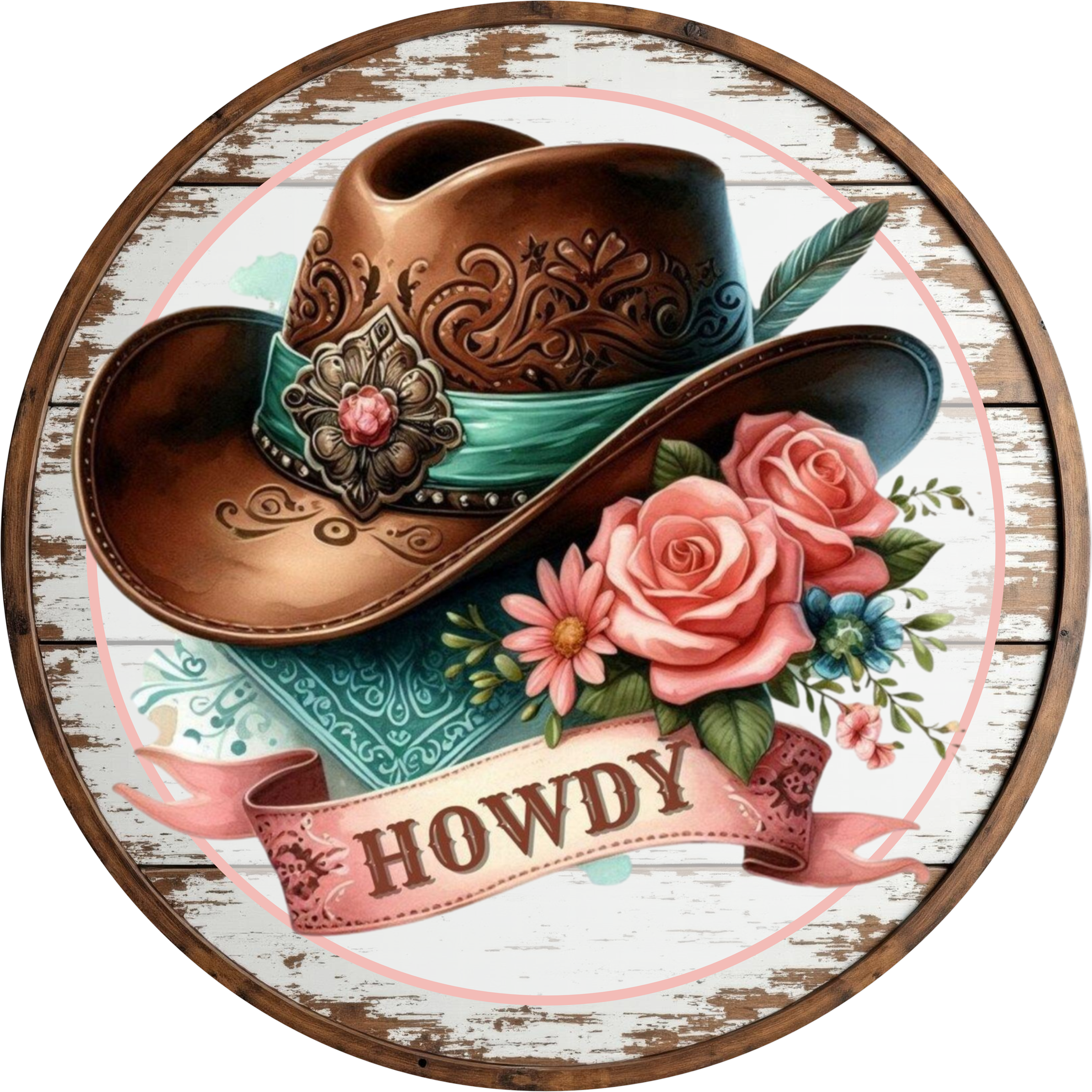 Letrero metálico "Hola" con sombrero de vaquero occidental, corona floral rústica, rosas rosas y pañuelo para puerta redonda, letrero de vaquero de granja