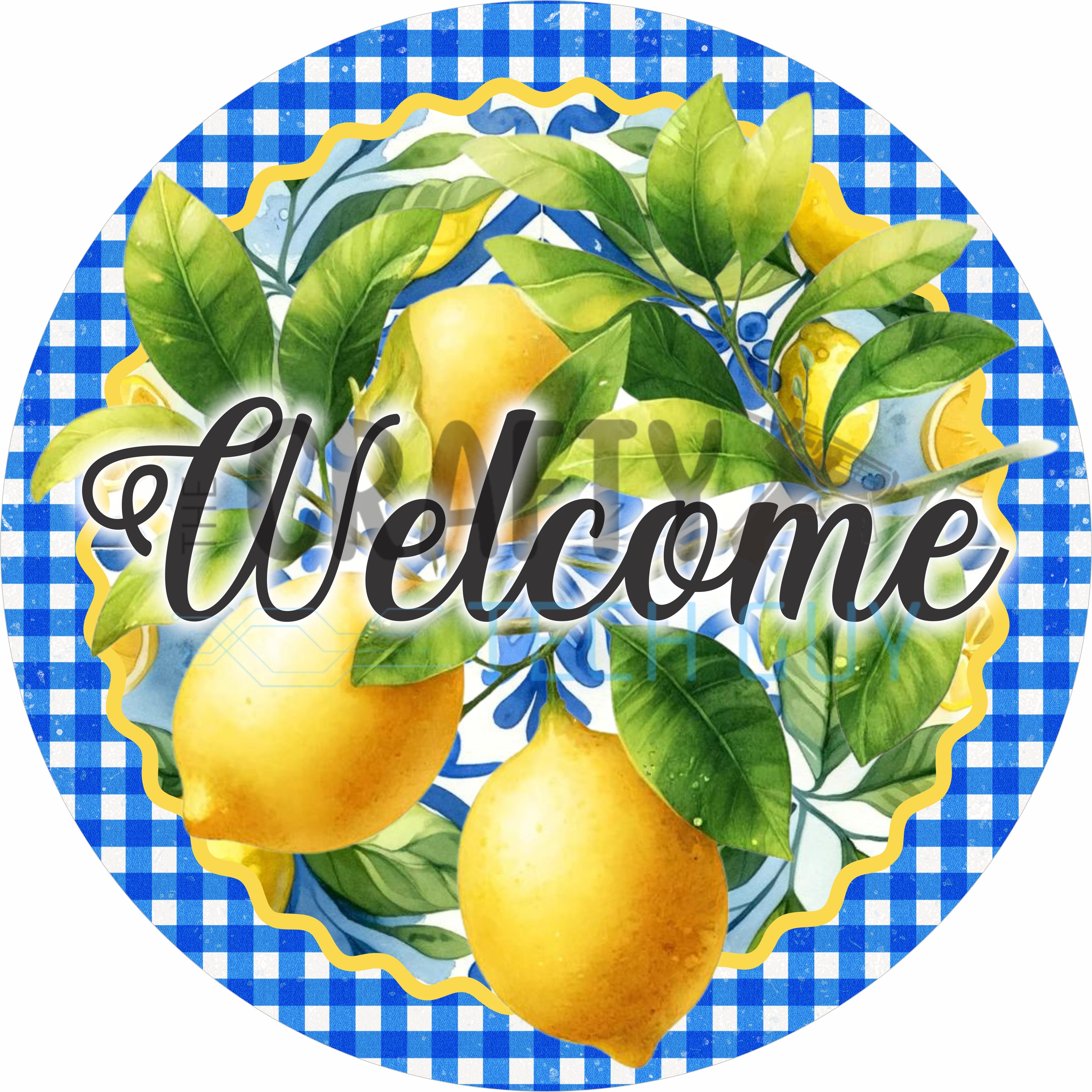 Welcome Lemon Blue Gingham Summer Round Wreath Sign