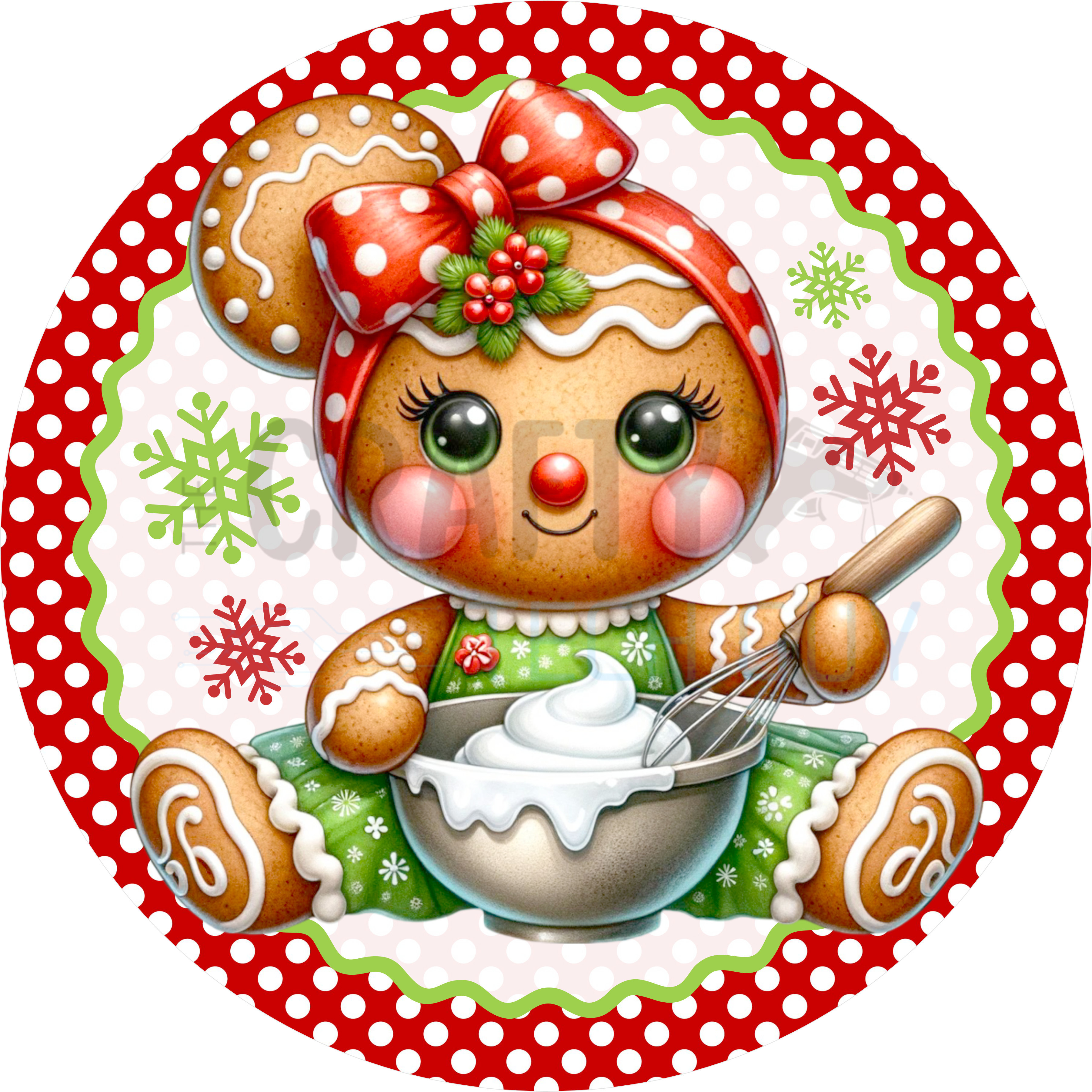 Letrero navideño de niña de jengibre horneando, corona navideña con tazón, decoración navideña caprichosa para panaderos y artesanos.