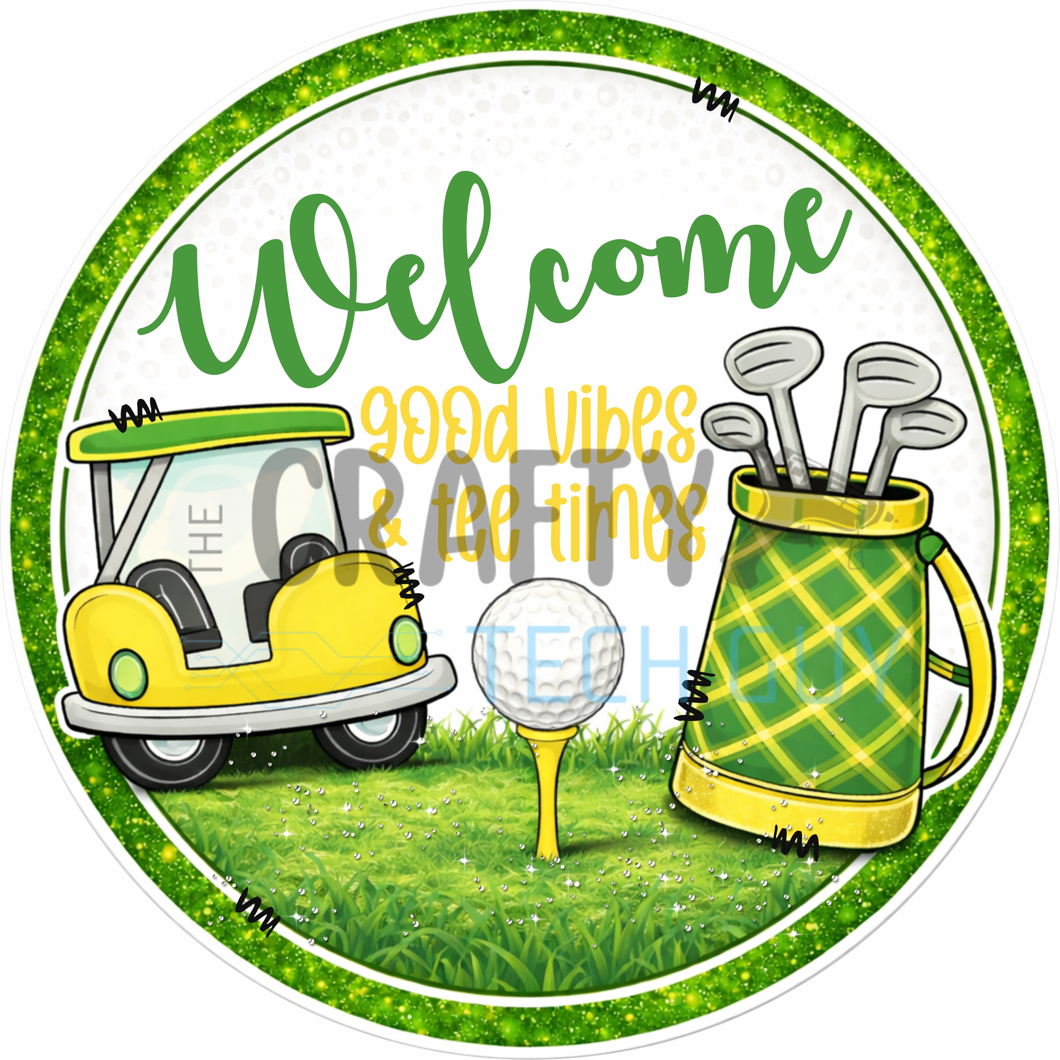 Letrero de bienvenida para golfistas: carrito de golf con cuadros escoceses y corona verde para amantes del golf.