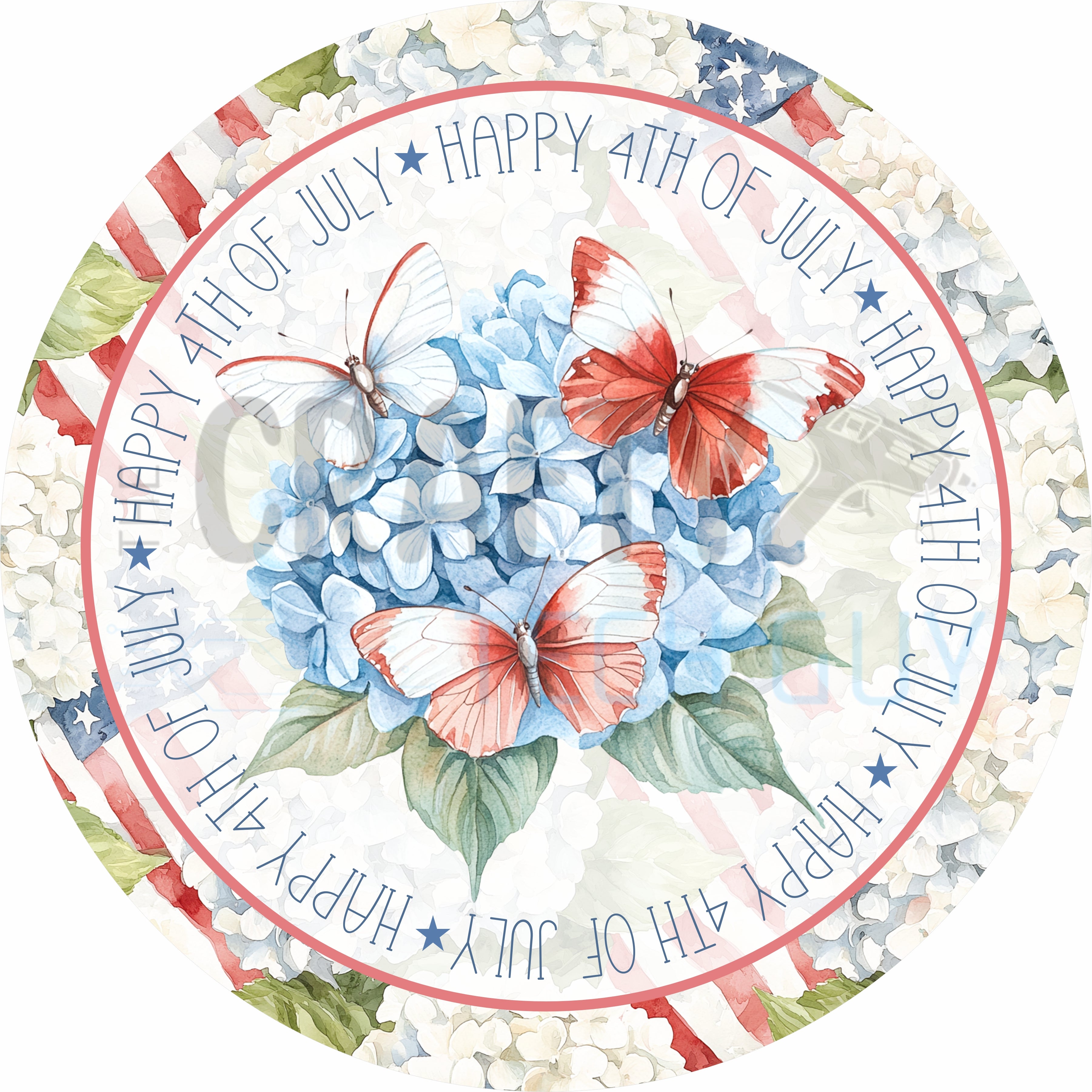Happy 4th of July Hydrangea Butterfly Patriotic Round Sign