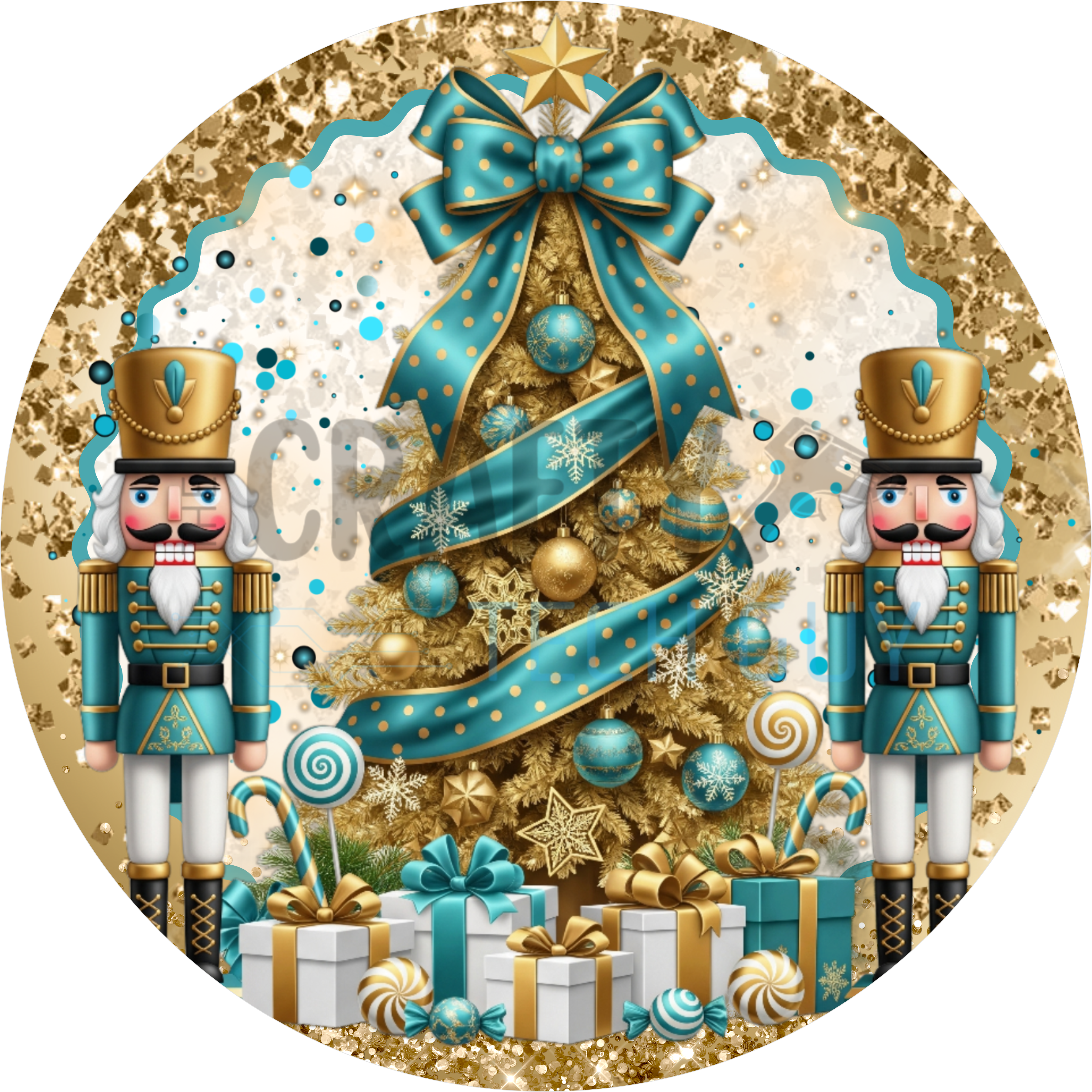 Elegant Gold and Teal Nutcracker Design | Christmas Tree with Gifts and Sparkle Accents | Classic Holiday Décor for Festive Displays