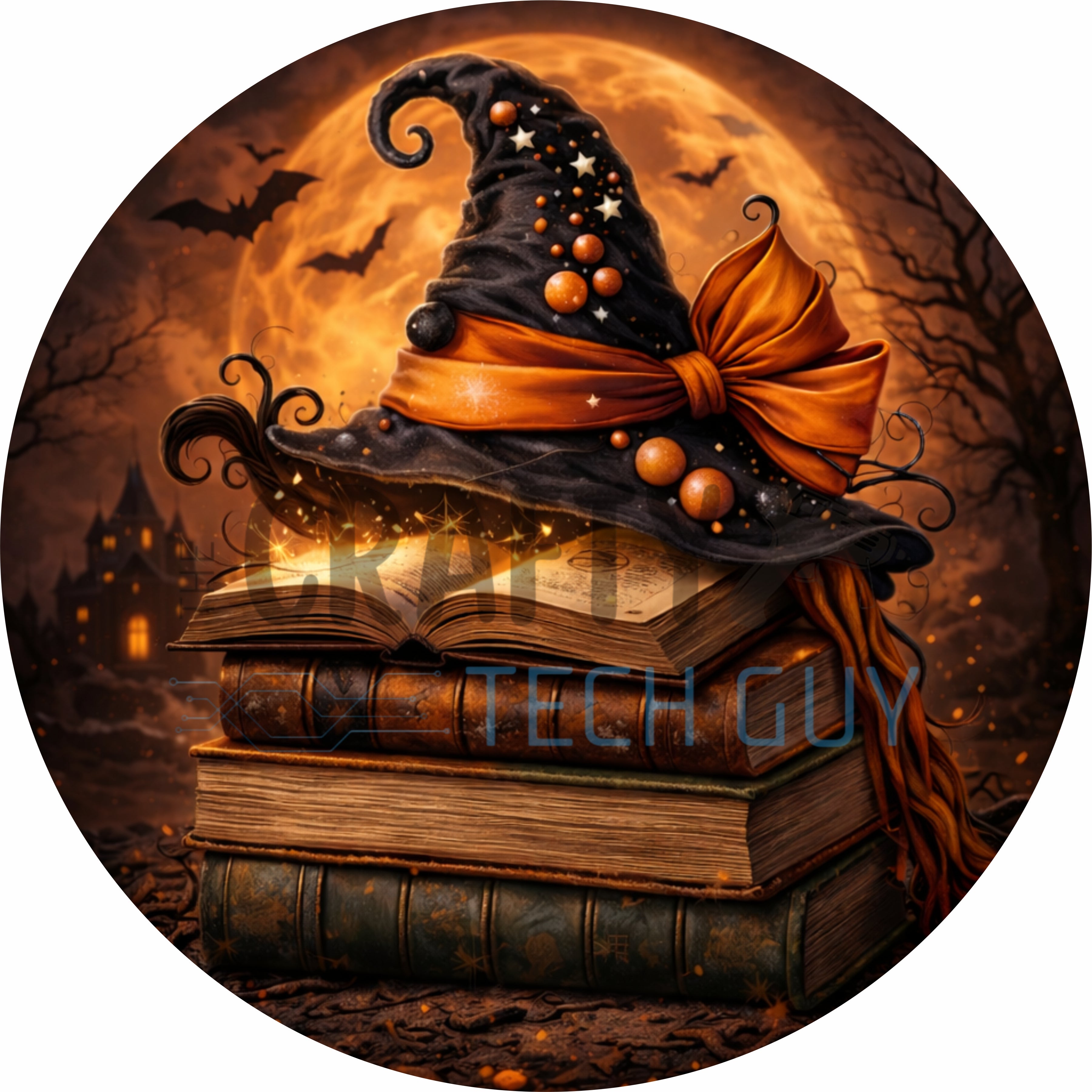 Magic Witch Hat Spell Books Halloween round wreath sign