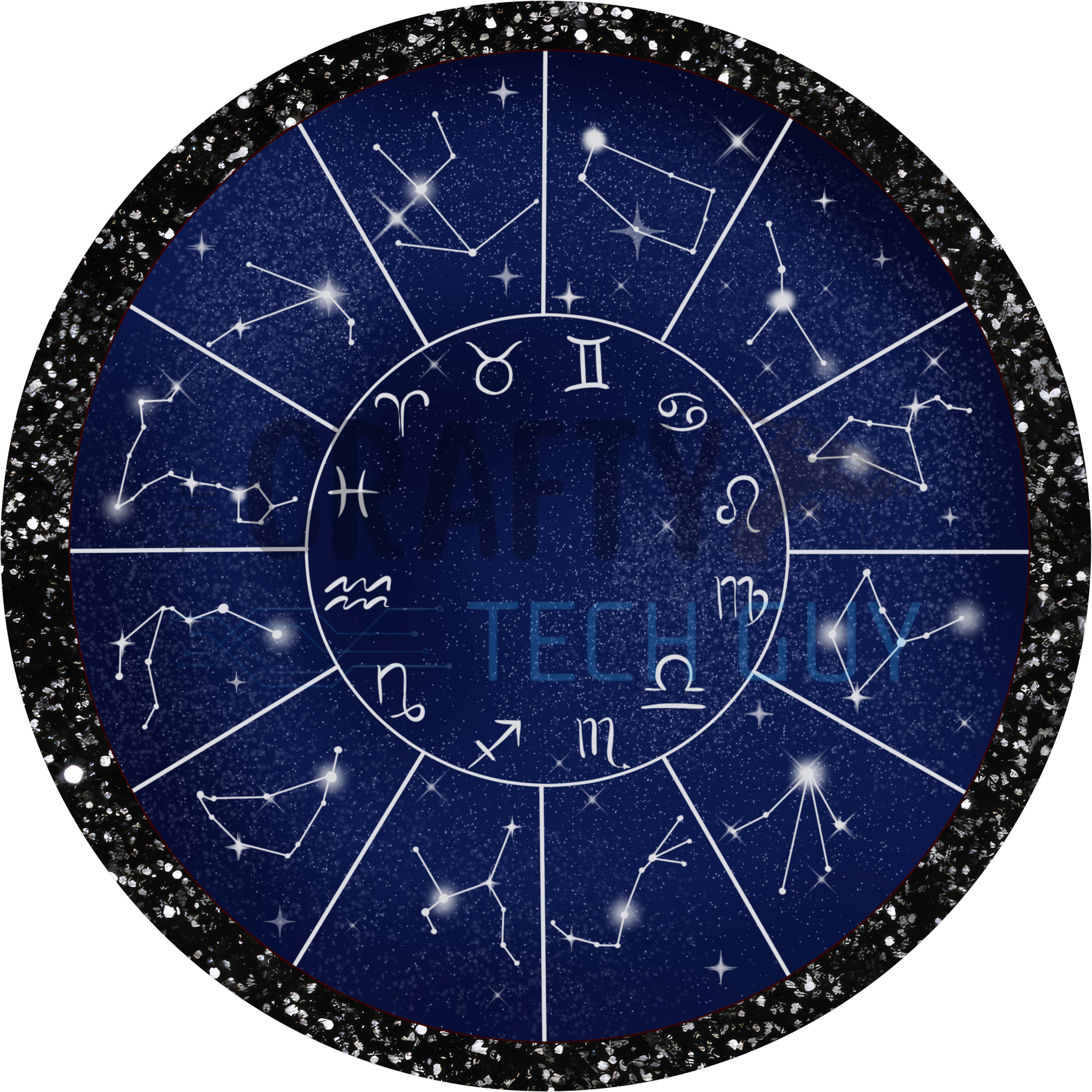 Celestial Zodiac Sign Constellation Design with Starry Night Sky, Astrology Symbols, and Glittered Black Cosmic Border