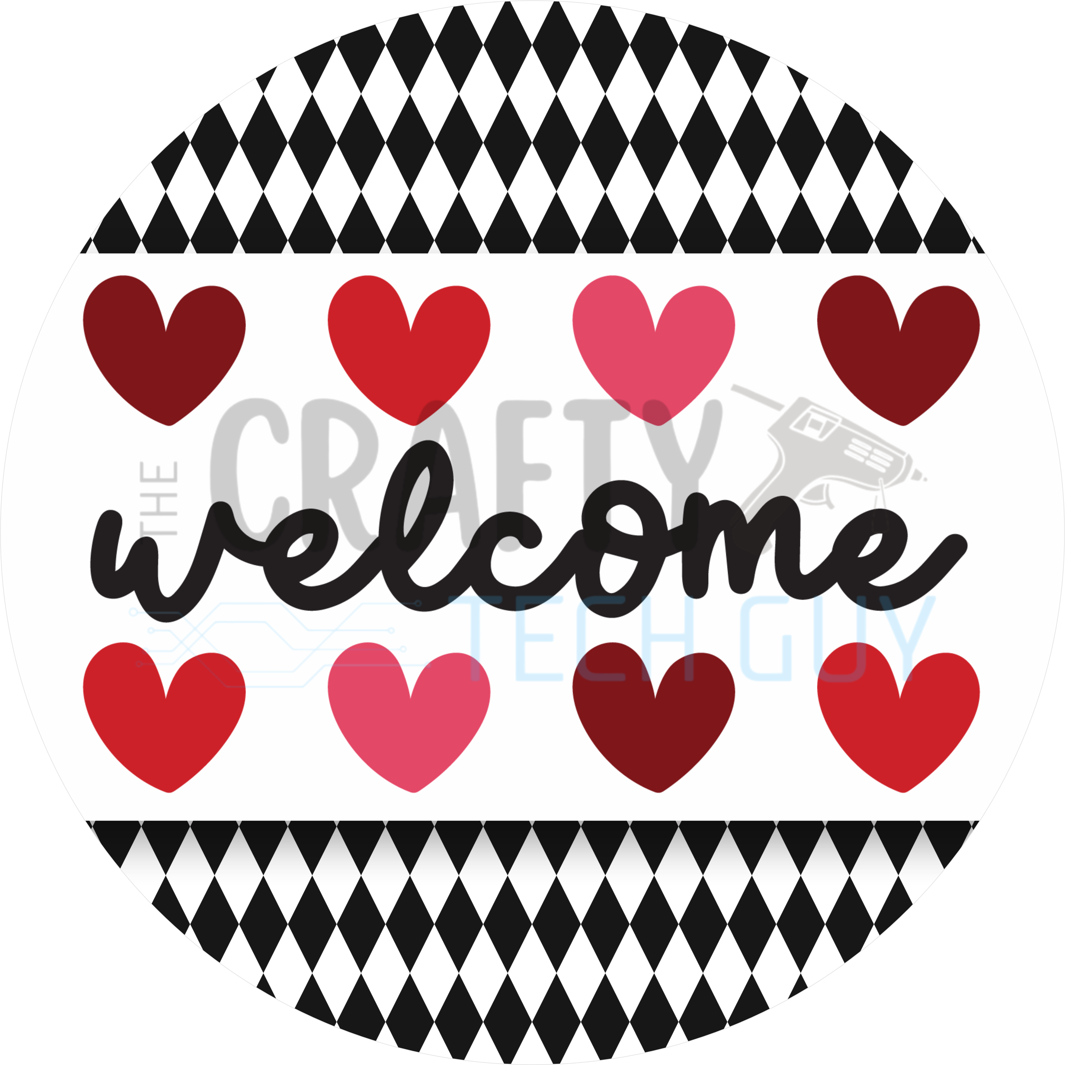Welcome Heart Pattern Round Wreath Sign – Valentine Door Sign – Red and Pink Hearts with Black Diamond Border