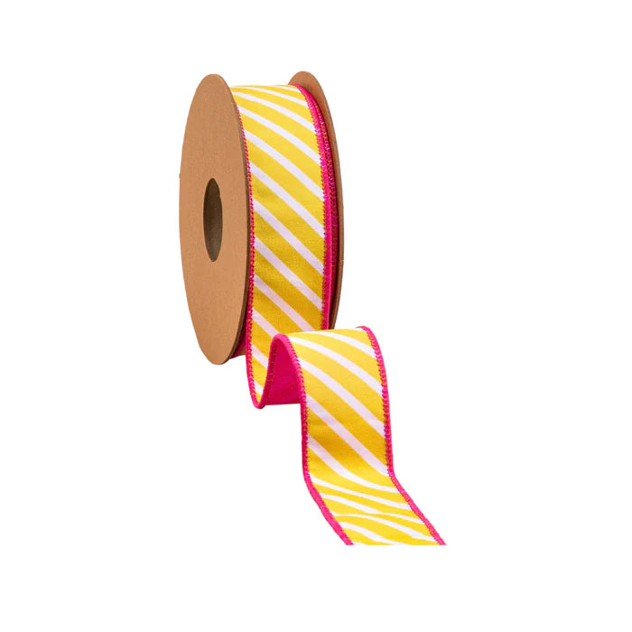 1 1/2" 10 YD Yellow and White Diagonal Stripe with Pink Backing Wired Dupioni Ribbon