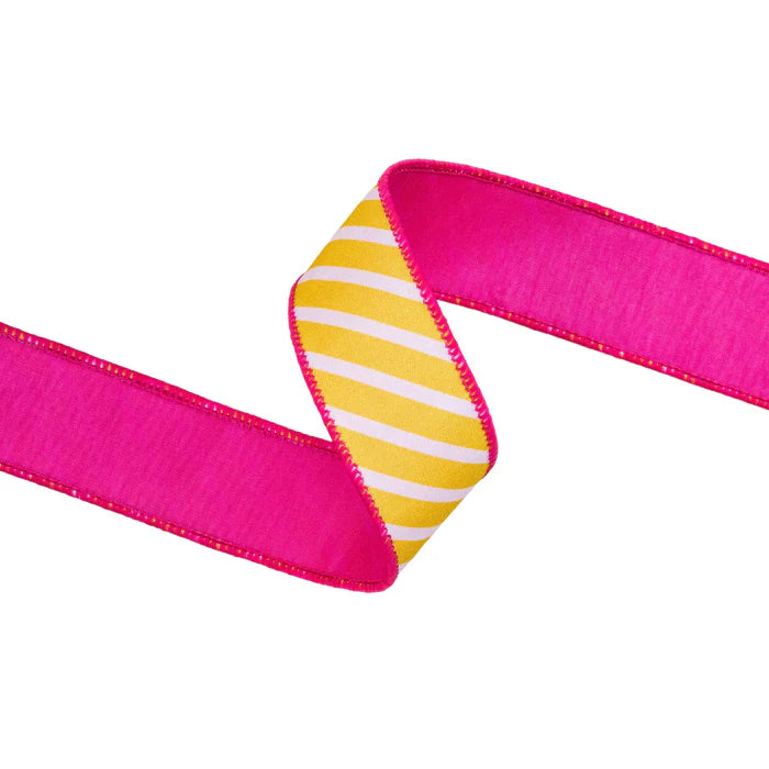 1 1/2" 10 YD Yellow and White Diagonal Stripe with Pink Backing Wired Dupioni Ribbon