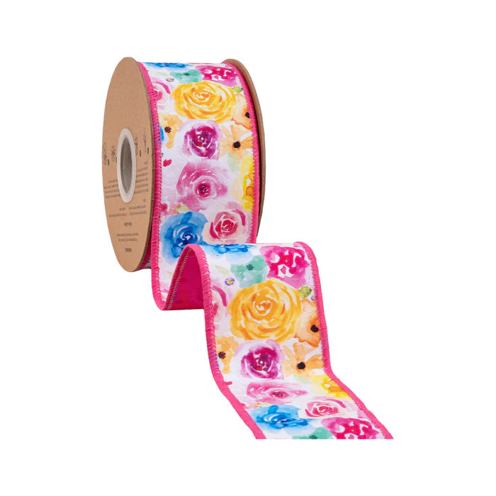 2 1/2" 10 YD Bright Floral with Pink Backing Wired Dupioni Ribbon