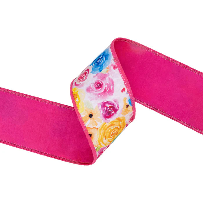 2 1/2" 10 YD Bright Floral with Pink Backing Wired Dupioni Ribbon