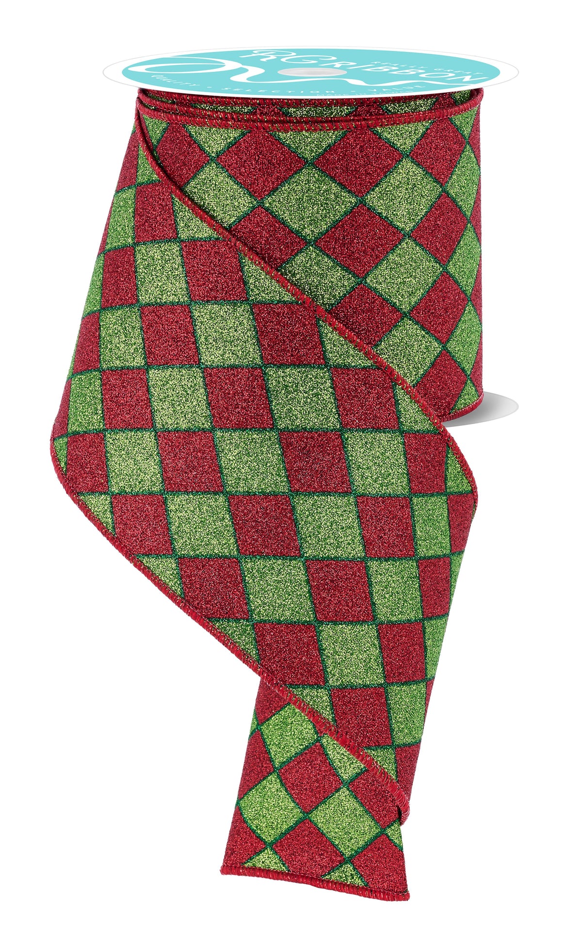 4 Inch 10 Yard Red Lime and Emerald Glitter Harlequin Wired Ribbon
