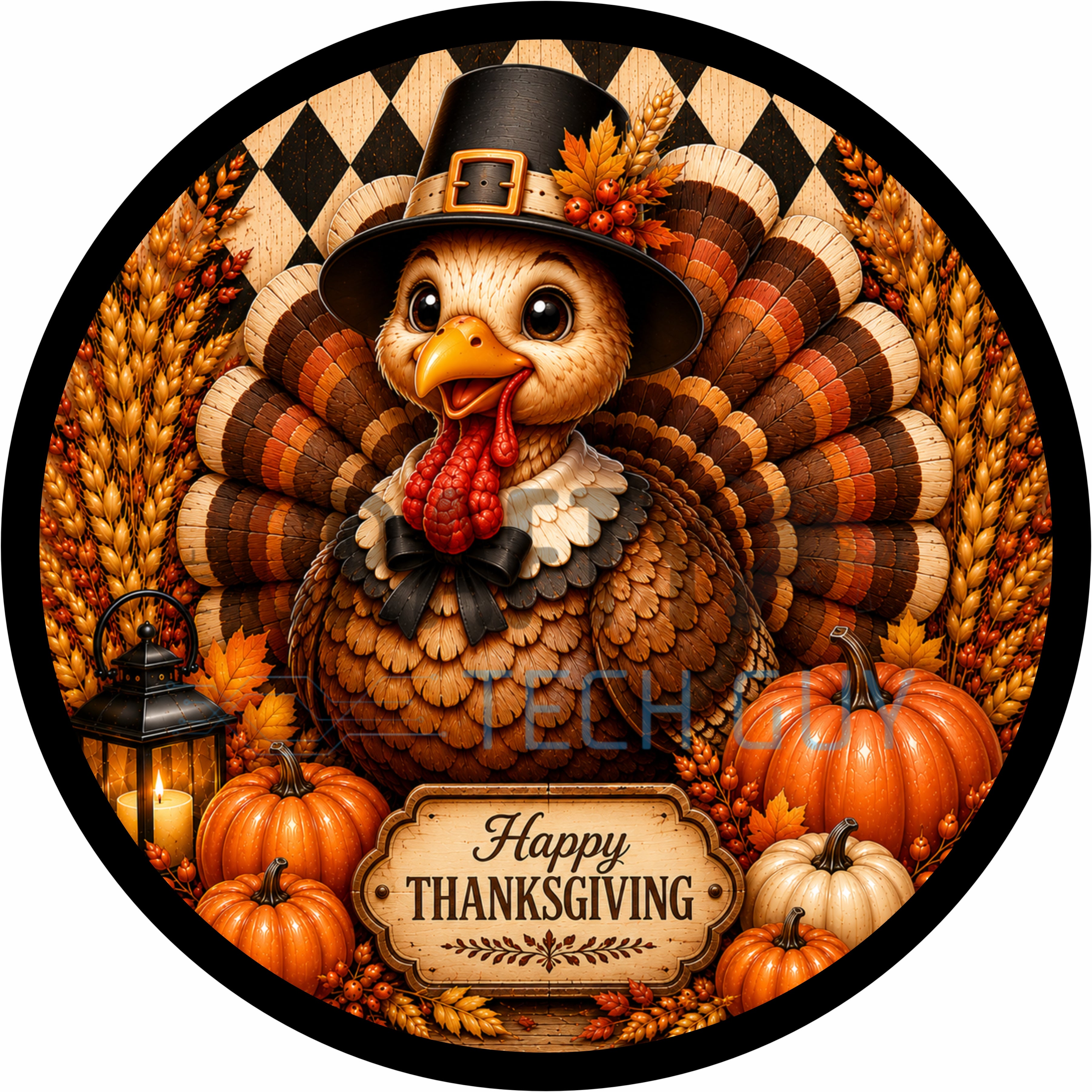 Thanksgiving Turkey Harvest Pumpkin Round Wreath Sign