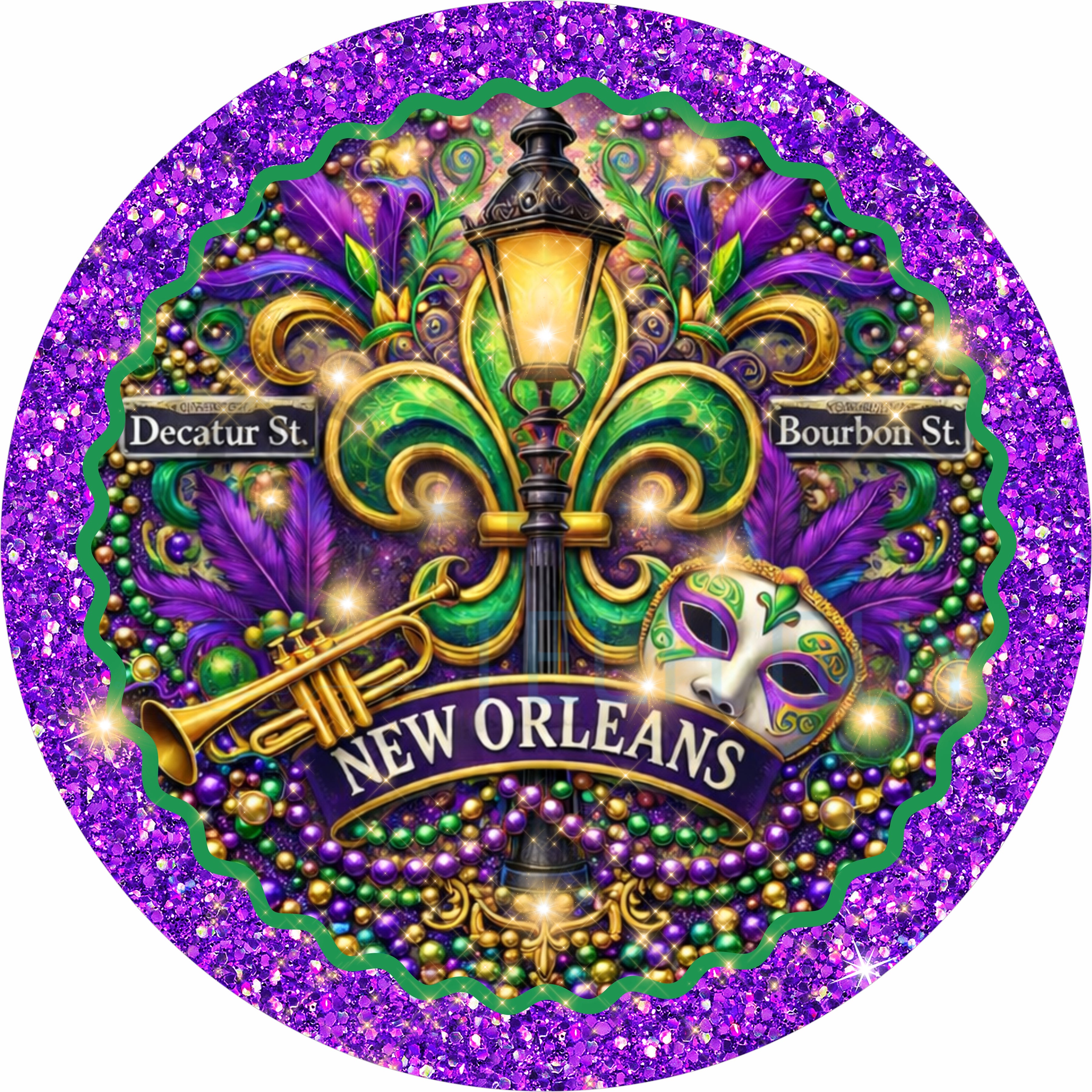 Mardi Gras New Orleans Round Wreath Sign – Purple Green Gold Fleur-de-Lis Bourbon Street Decor