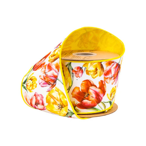 4" 10 YD 1 1/2" Tulips n White with Yellow Backing Wired Dupioni Ribbon