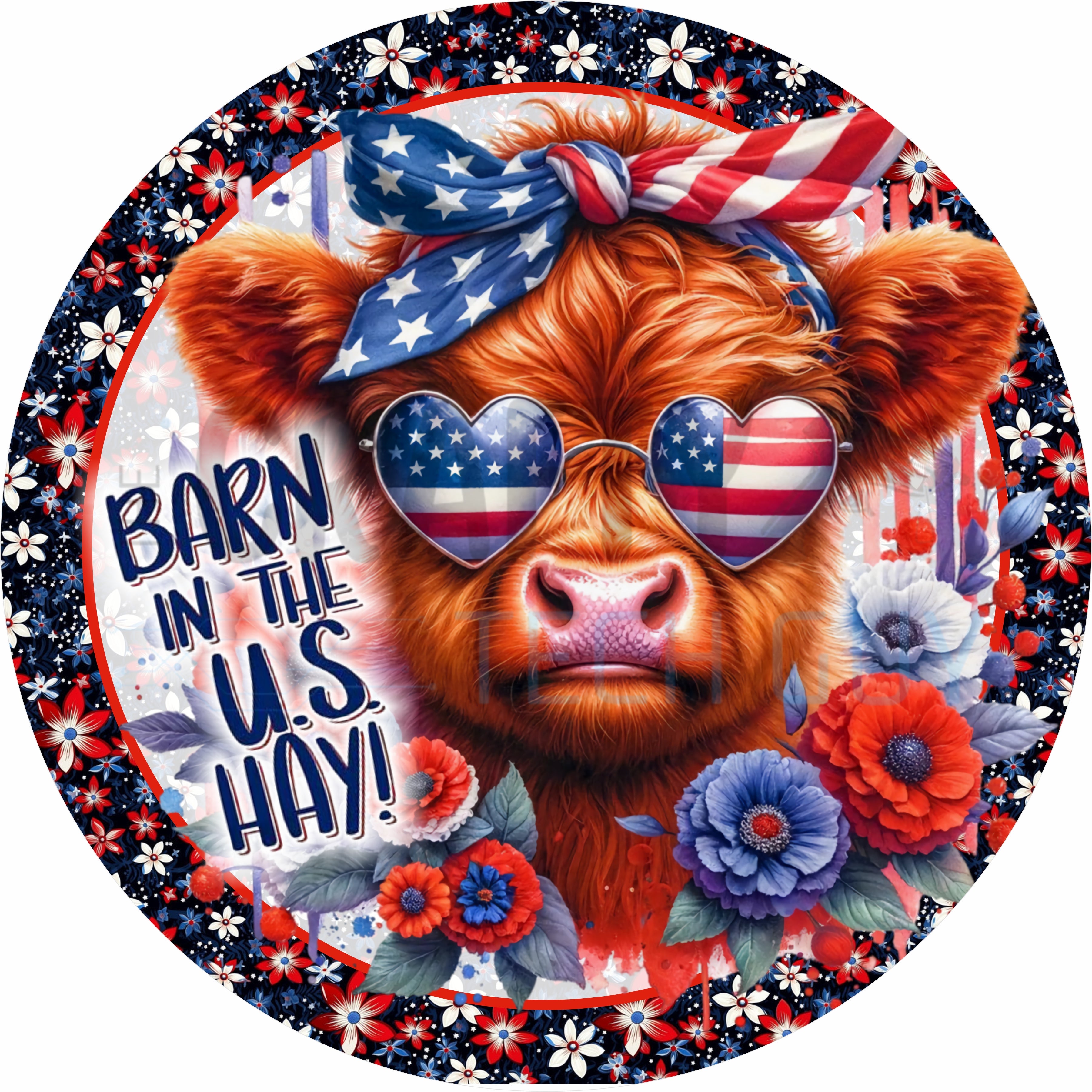 Born in the U.S.A. Cow Round Wreath Sign – Patriotic Highland Cow 4th of July Door Decor