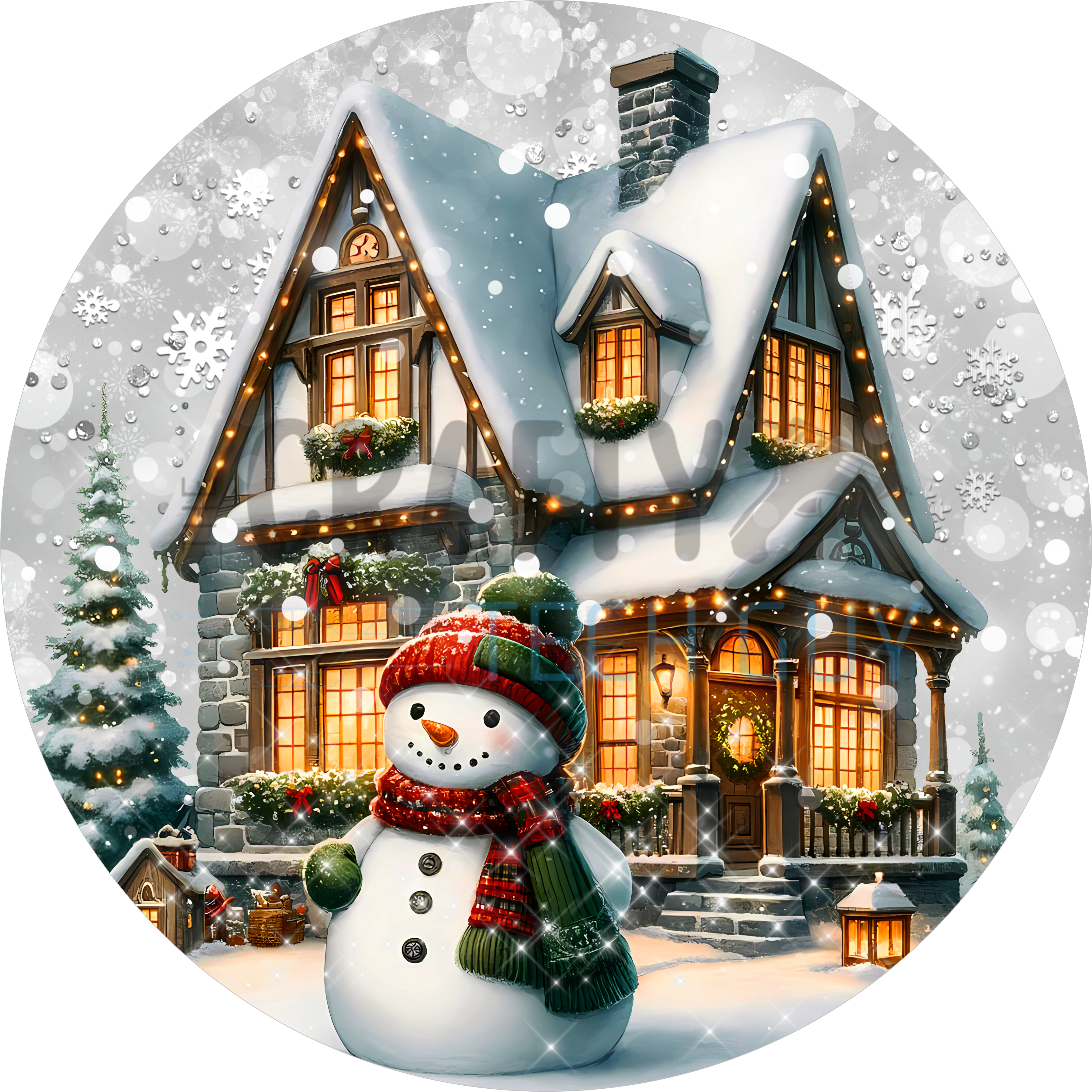 Snowman by Cozy Cottage Design | Warm Winter Night Scene with Twinkling Lights | Festive Christmas Art for Holiday Home Décor