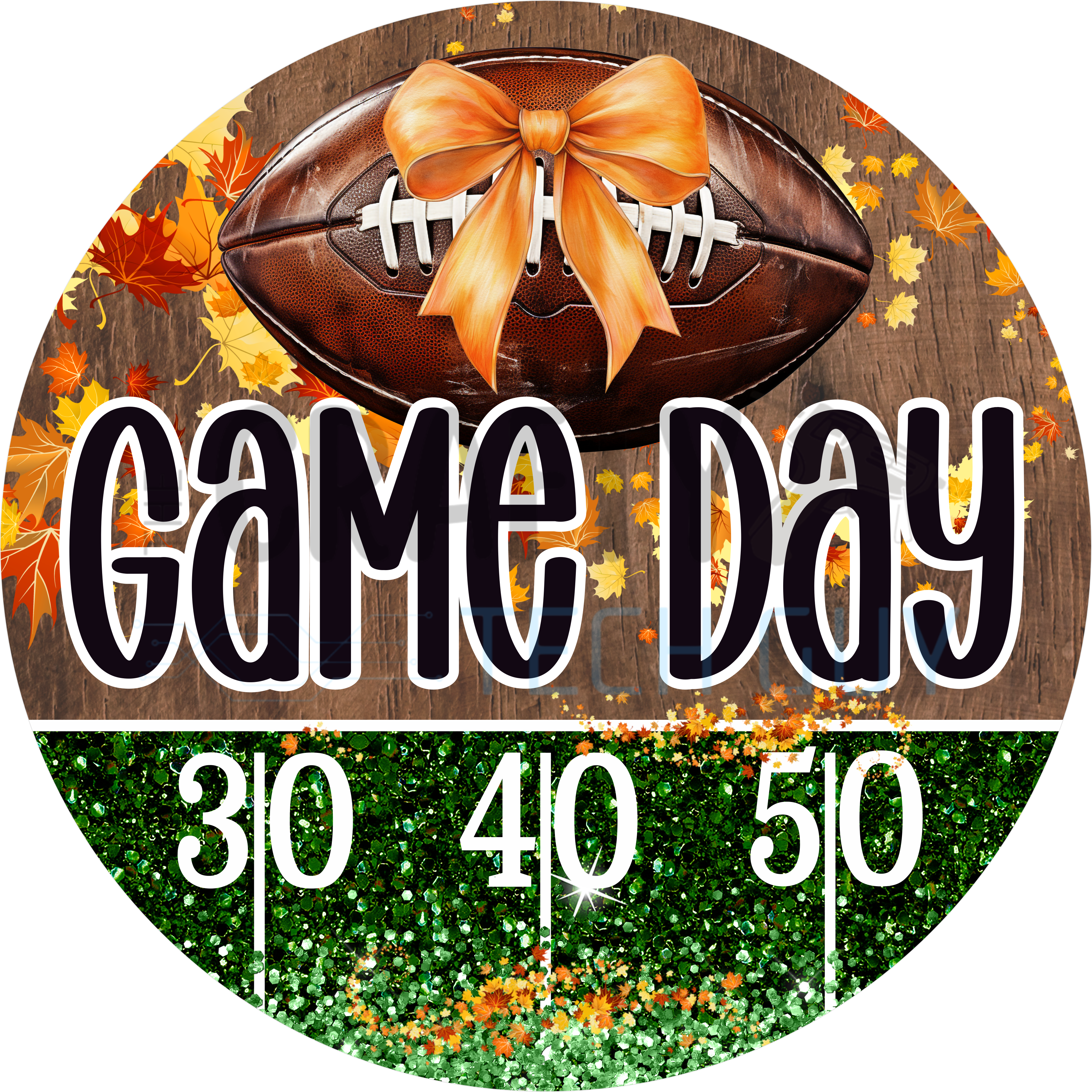 Game Day Football Round Wreath Sign – Glitter Yard Line Door Decor – Fall Leaves Bow Front Porch Sign