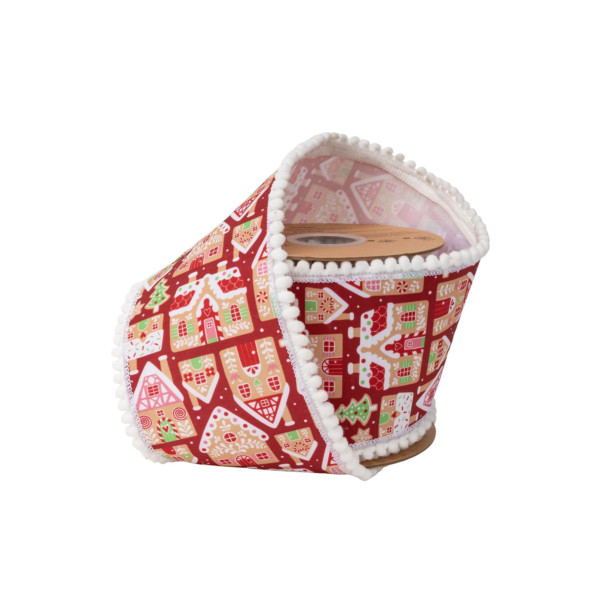 4 Inch 10 Yard Gingerbread Houses on Red Wired Dupioni Ribbon with White Backing on Spool