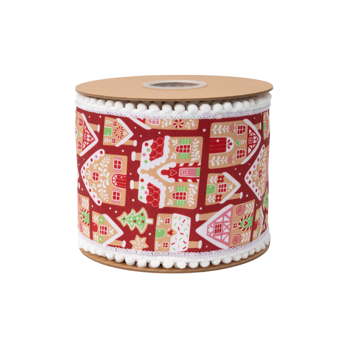 Close Up of Iced Gingerbread House and Heart Print on Red Wired Dupioni Ribbon