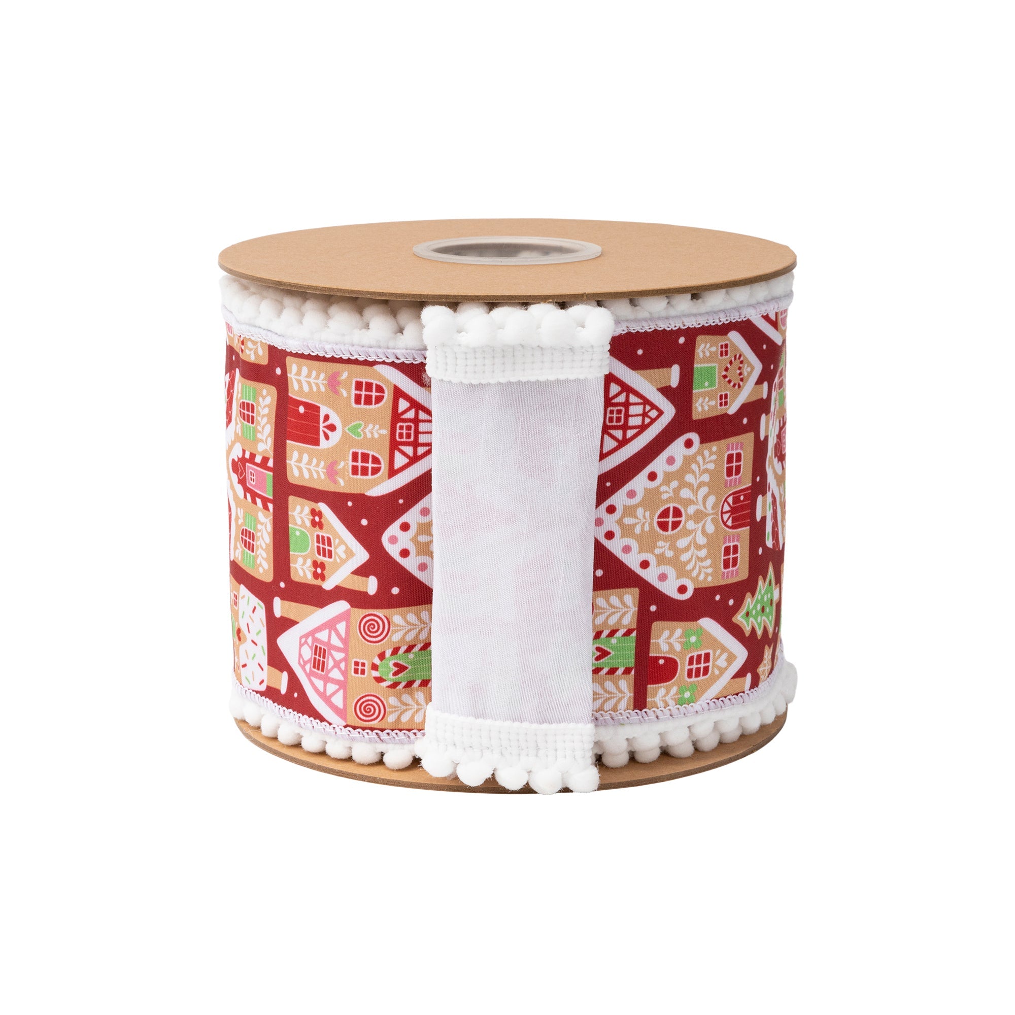 White Fused Backing on Gingerbread Houses Wired Dupioni Wreath Ribbon