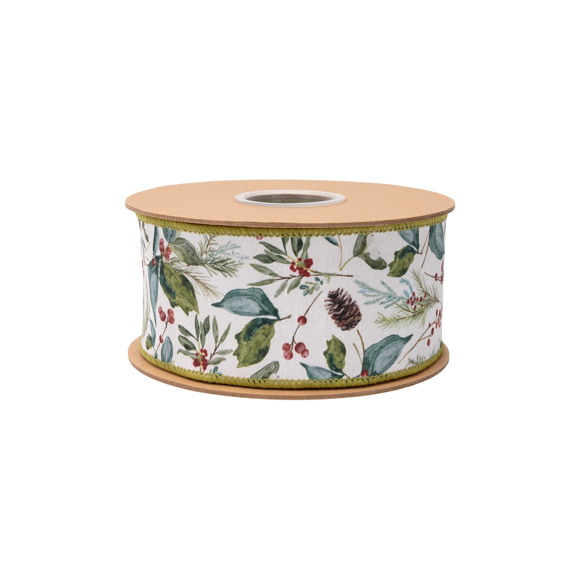 Close Up of Poinsettia Holly and Berry Print on Cream Wired Dupioni Ribbon
