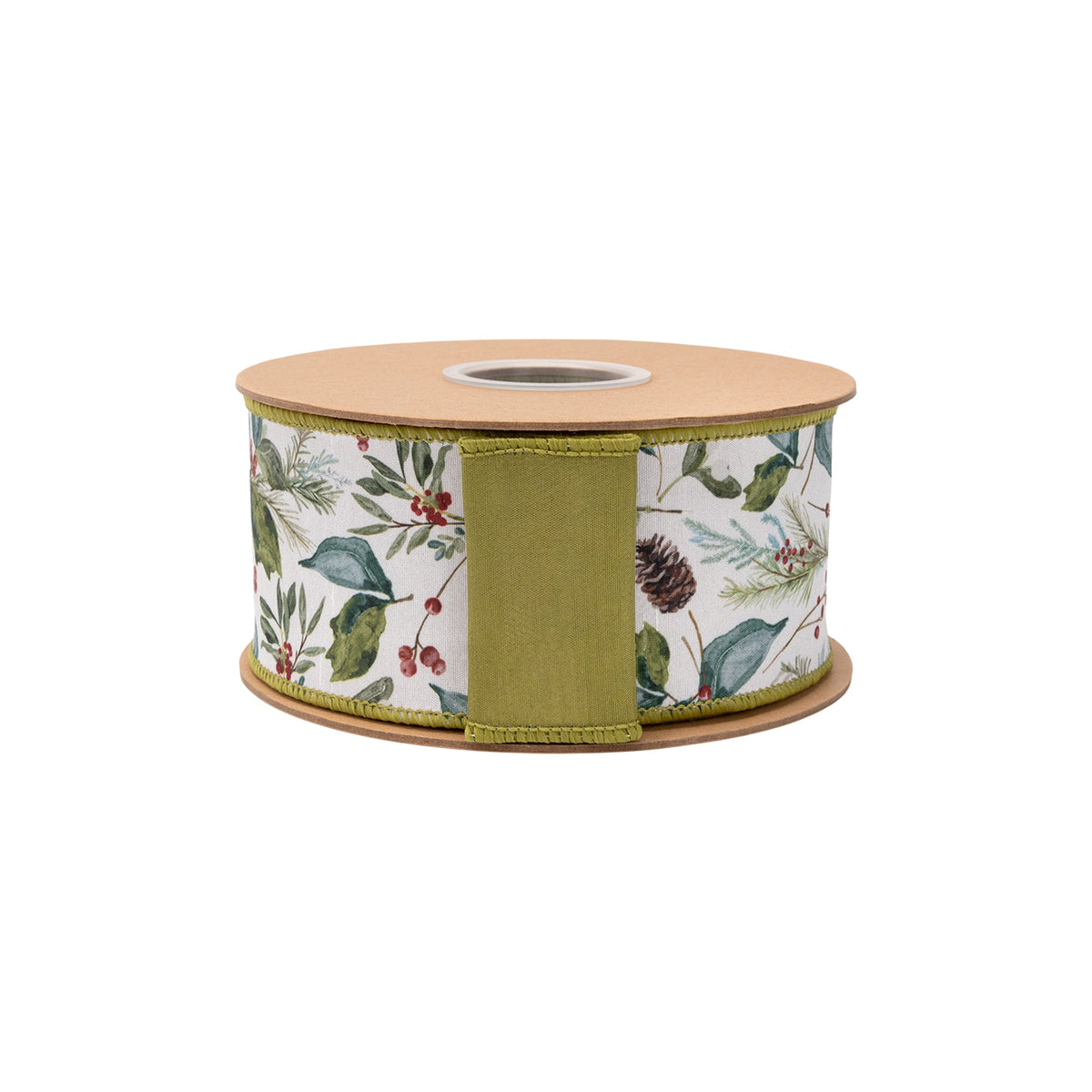 Moss Green Fused Backing on Christmas Floral Wired Dupioni Wreath Ribbon