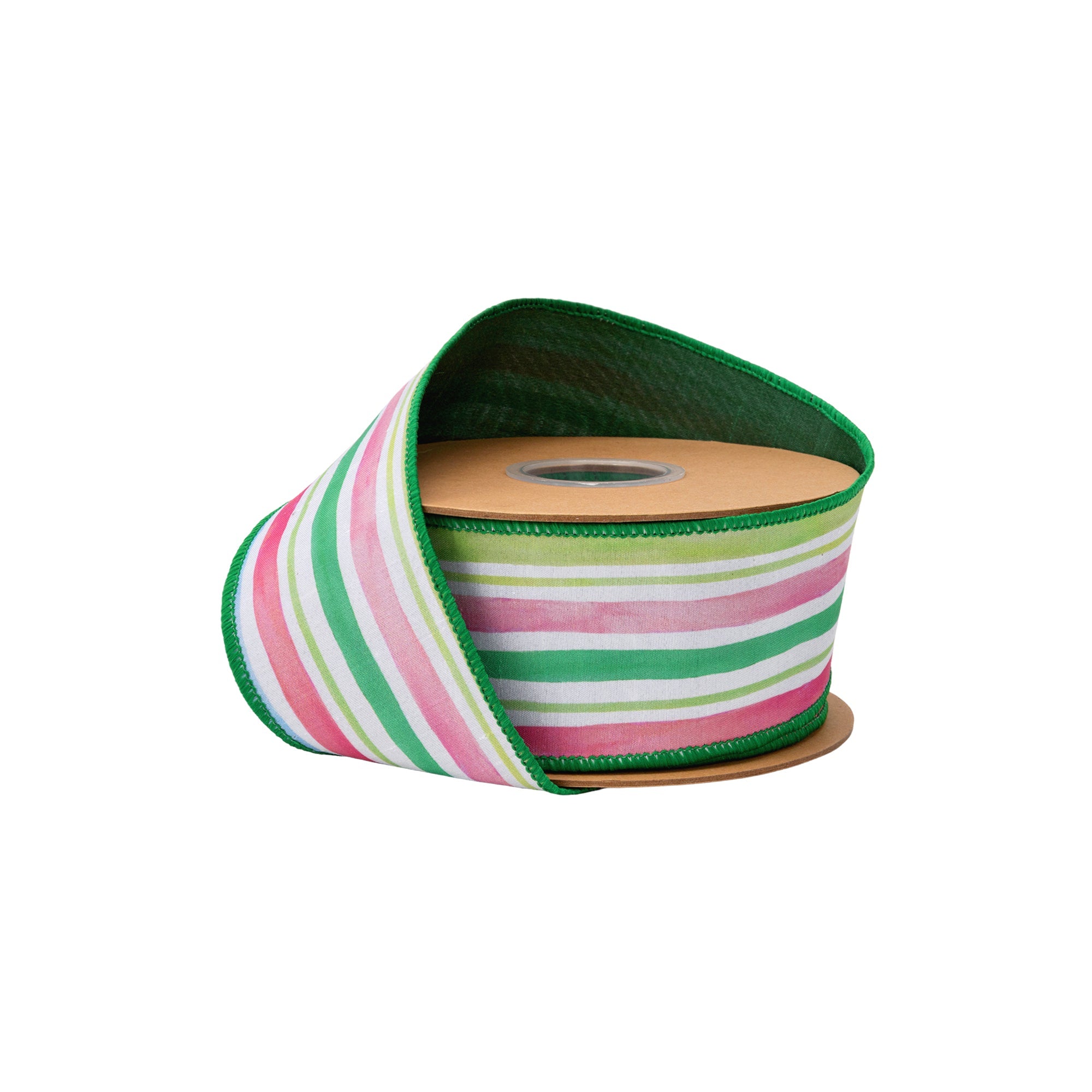 2 1/2 Inch 10 Yard Pastel Stripe Wired Dupioni Ribbon with Green Backing on Spool