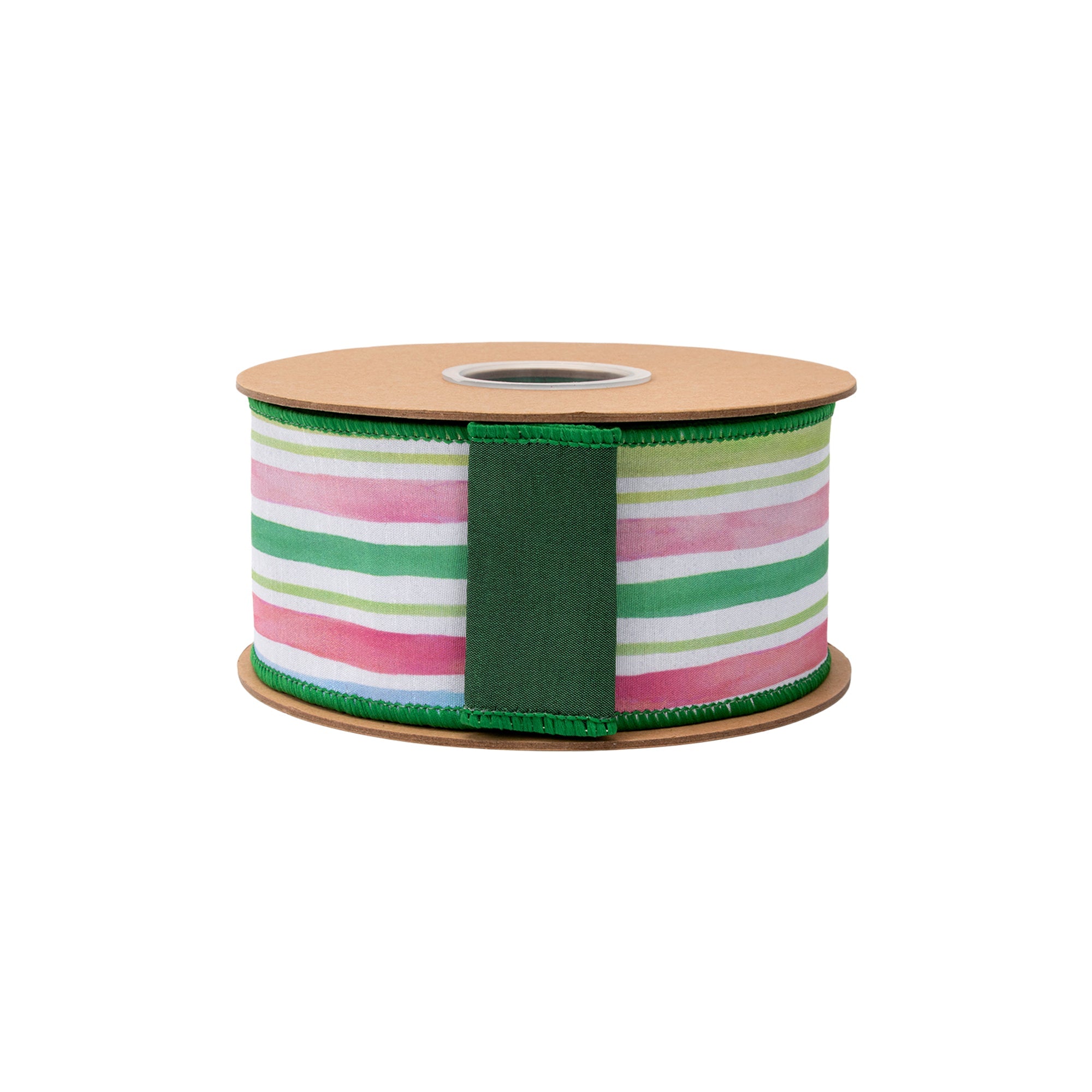 Green Fused Backing on Pastel Stripe Wired Dupioni Wreath Ribbon