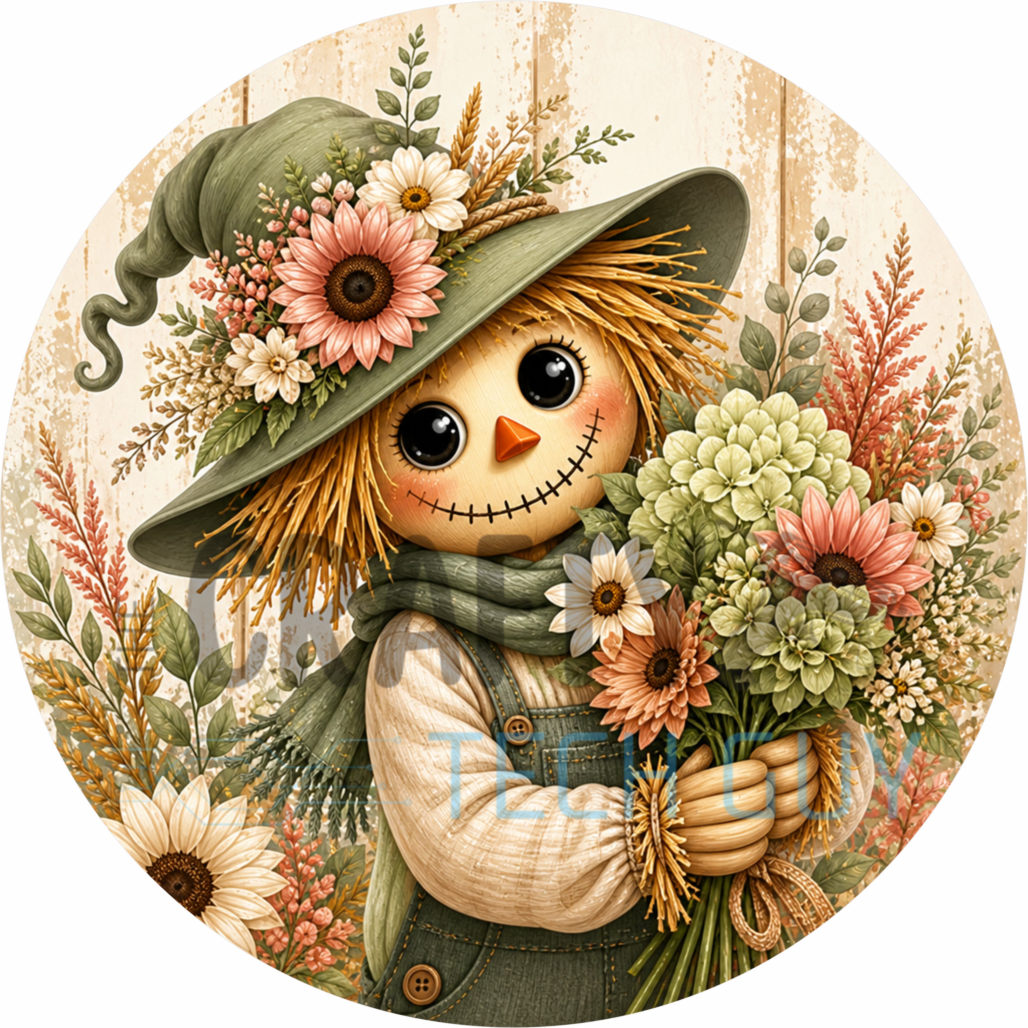 Sage Green Scarecrow Fall Floral Round Wreath Sign