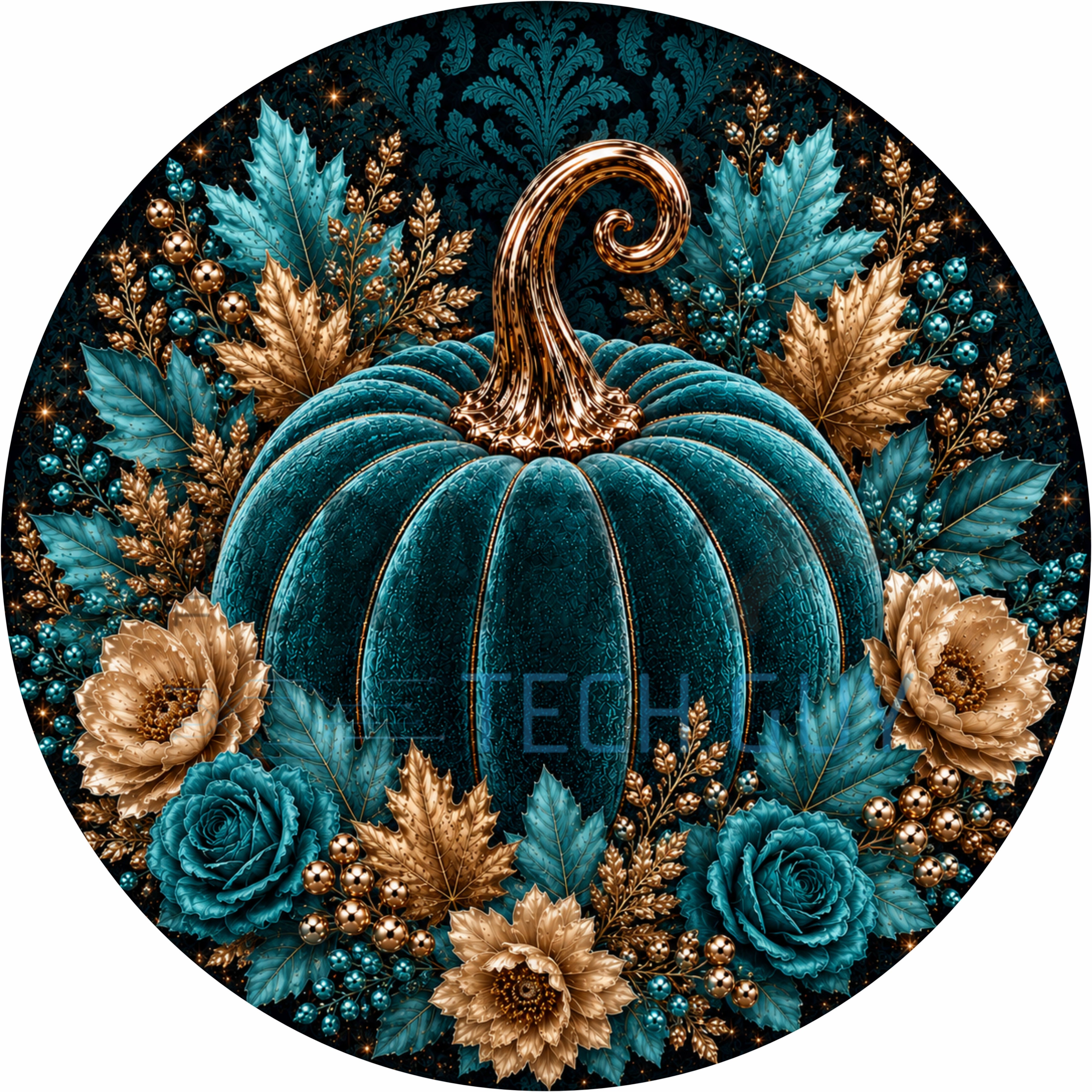 Teal Velvet Pumpkin Floral Round Wreath Sign