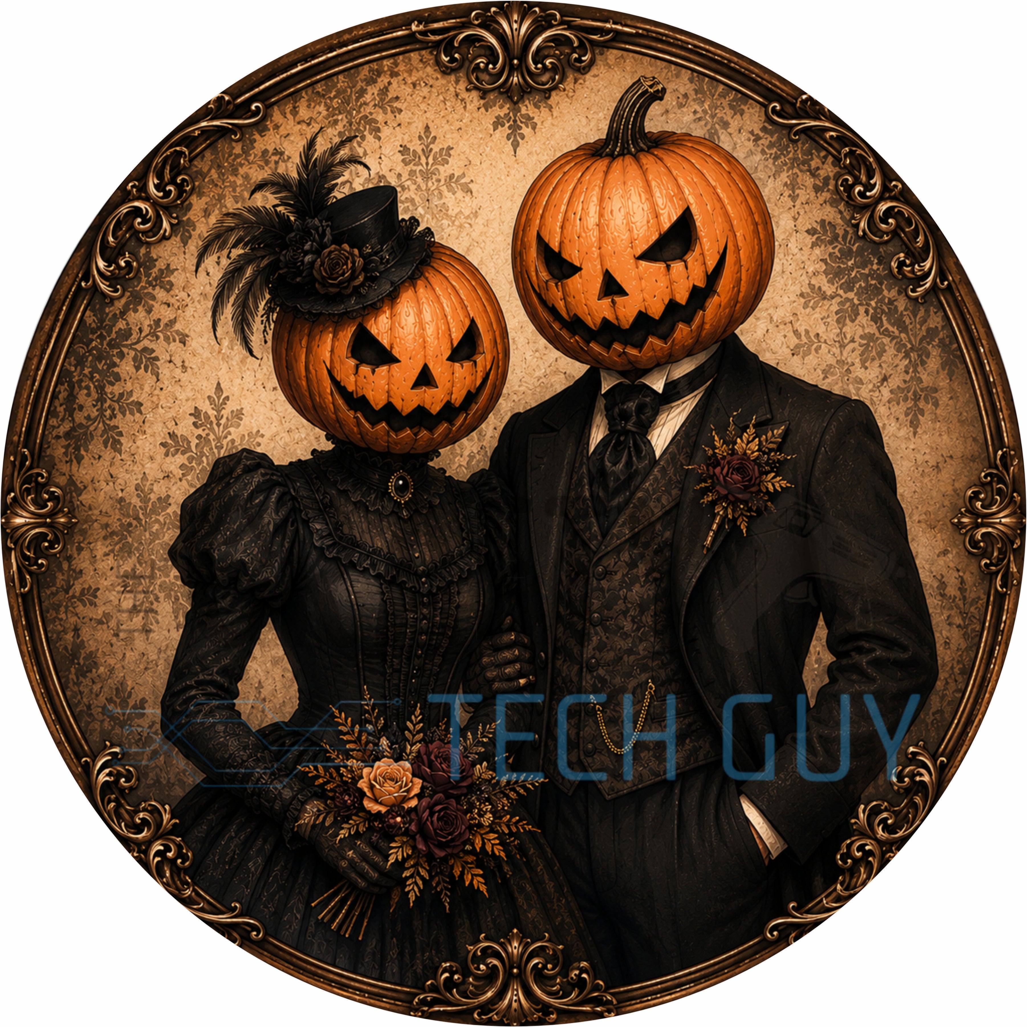 Vintage Pumpkin Couple Halloween Round Wreath Sign