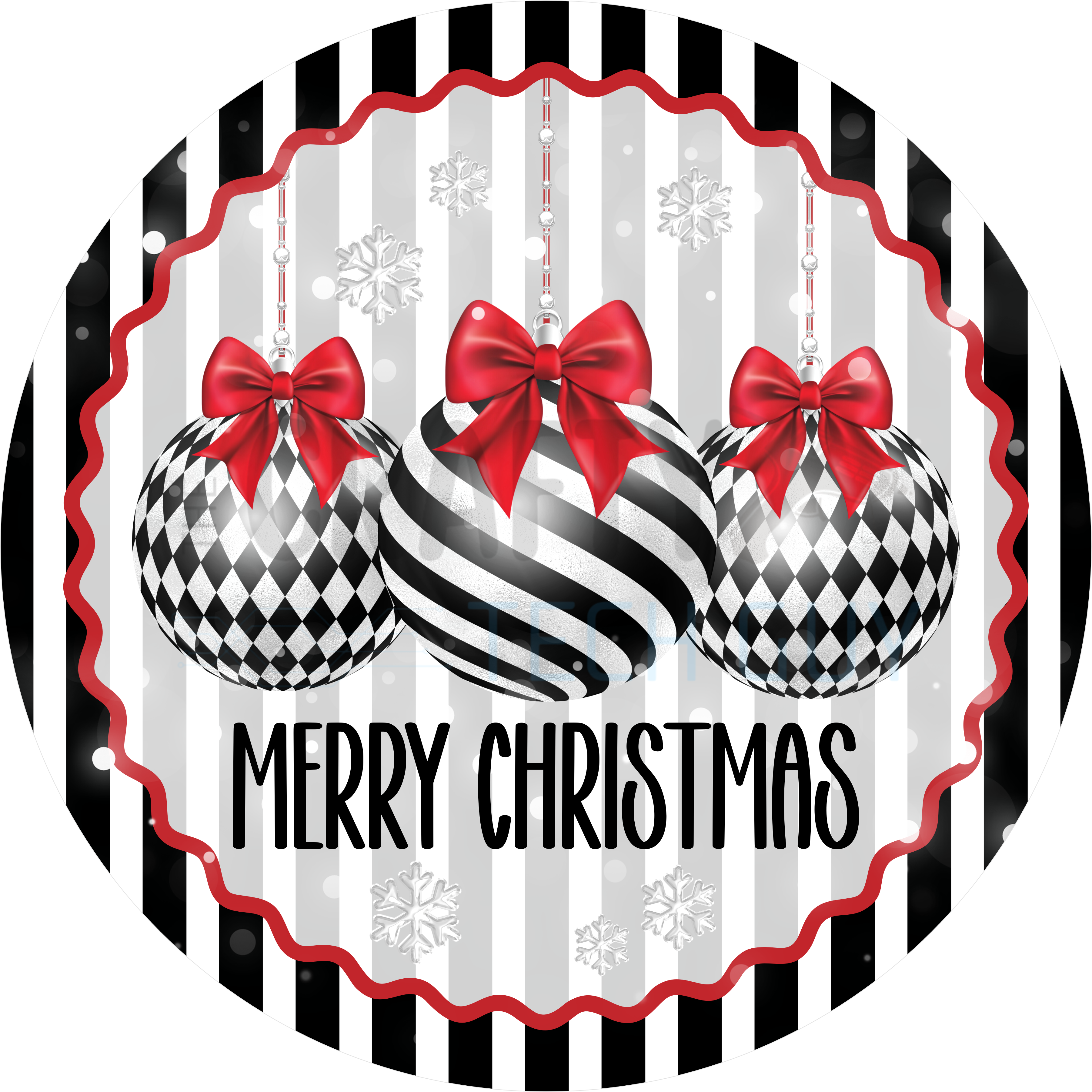 Modern Merry Christmas Design | Black and White Ornament Art with Red Bows | Elegant Holiday Décor for Chic Christmas Style