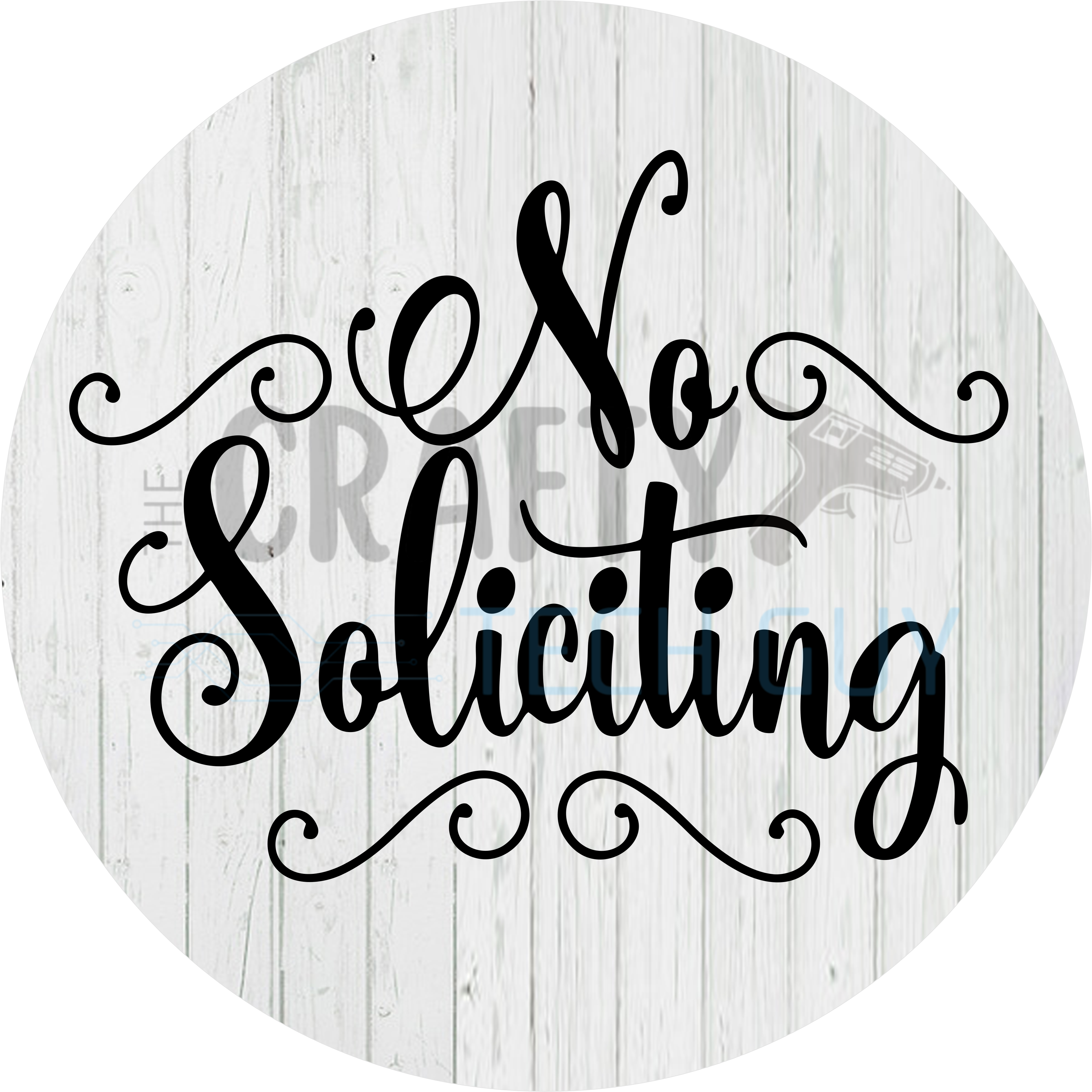 No Soliciting Round Wreath Sign – Classic Script Black and White Wood Background Front Door Sign