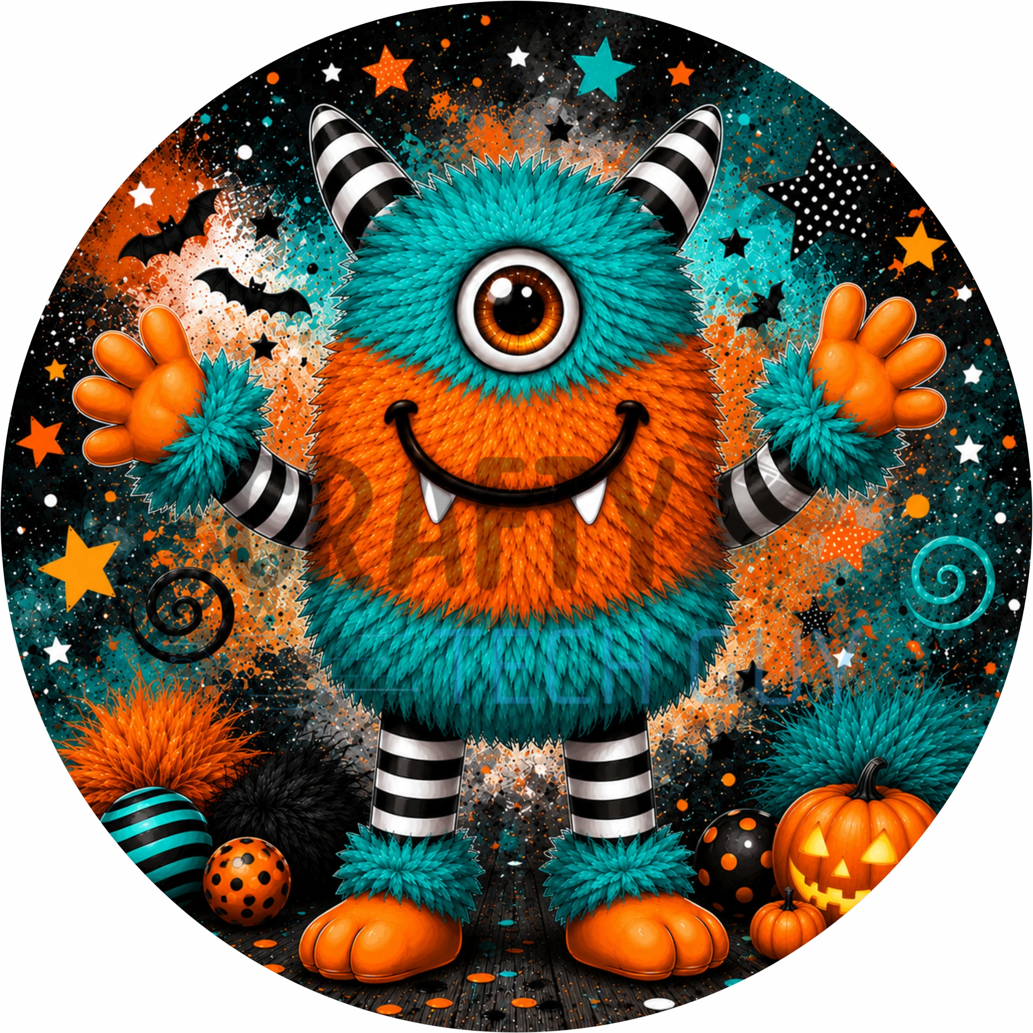 Teal & Orange Halloween Monster Round Wreath Sign