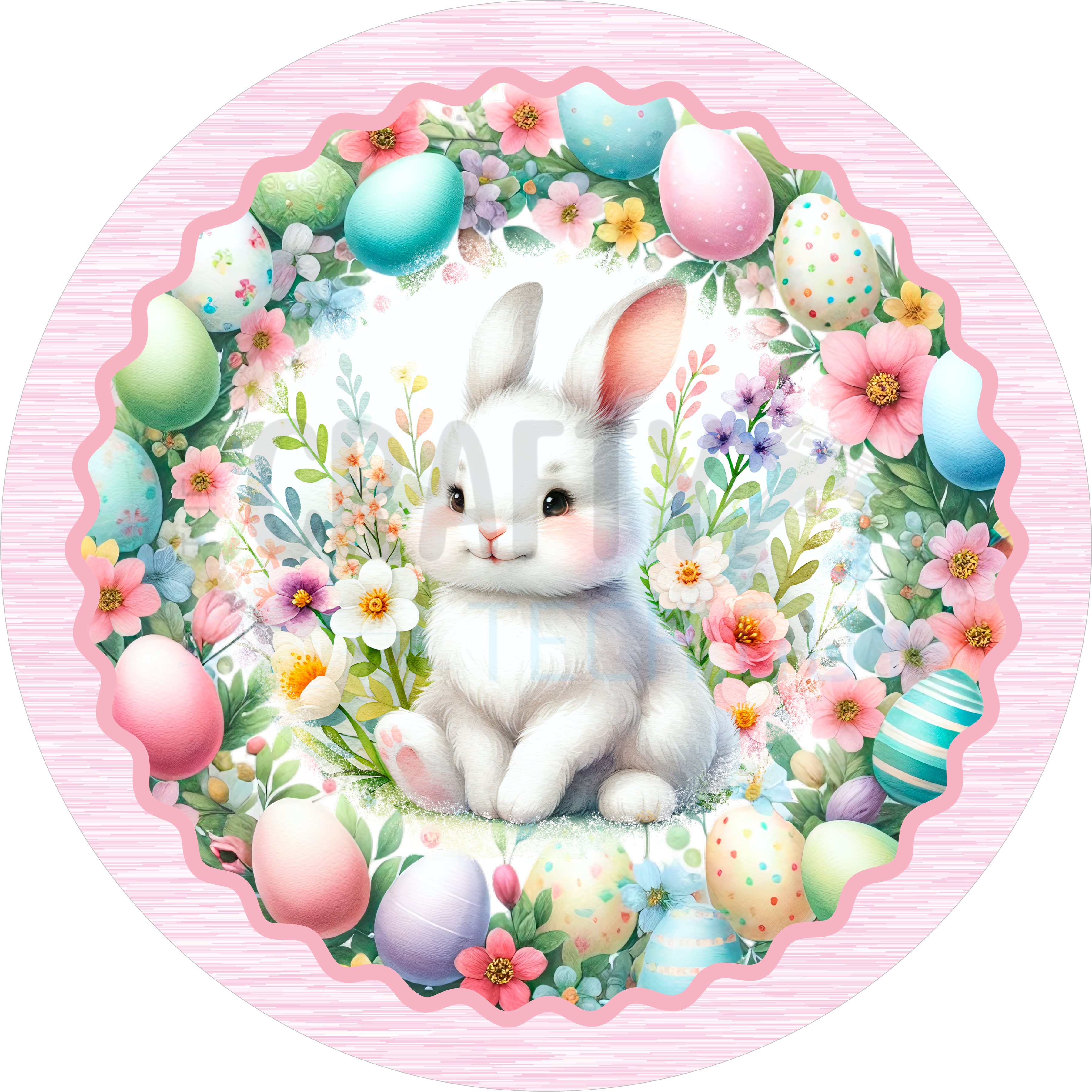 Cute Easter Bunny with Eggs Teal Gingham Round Wreath Sign