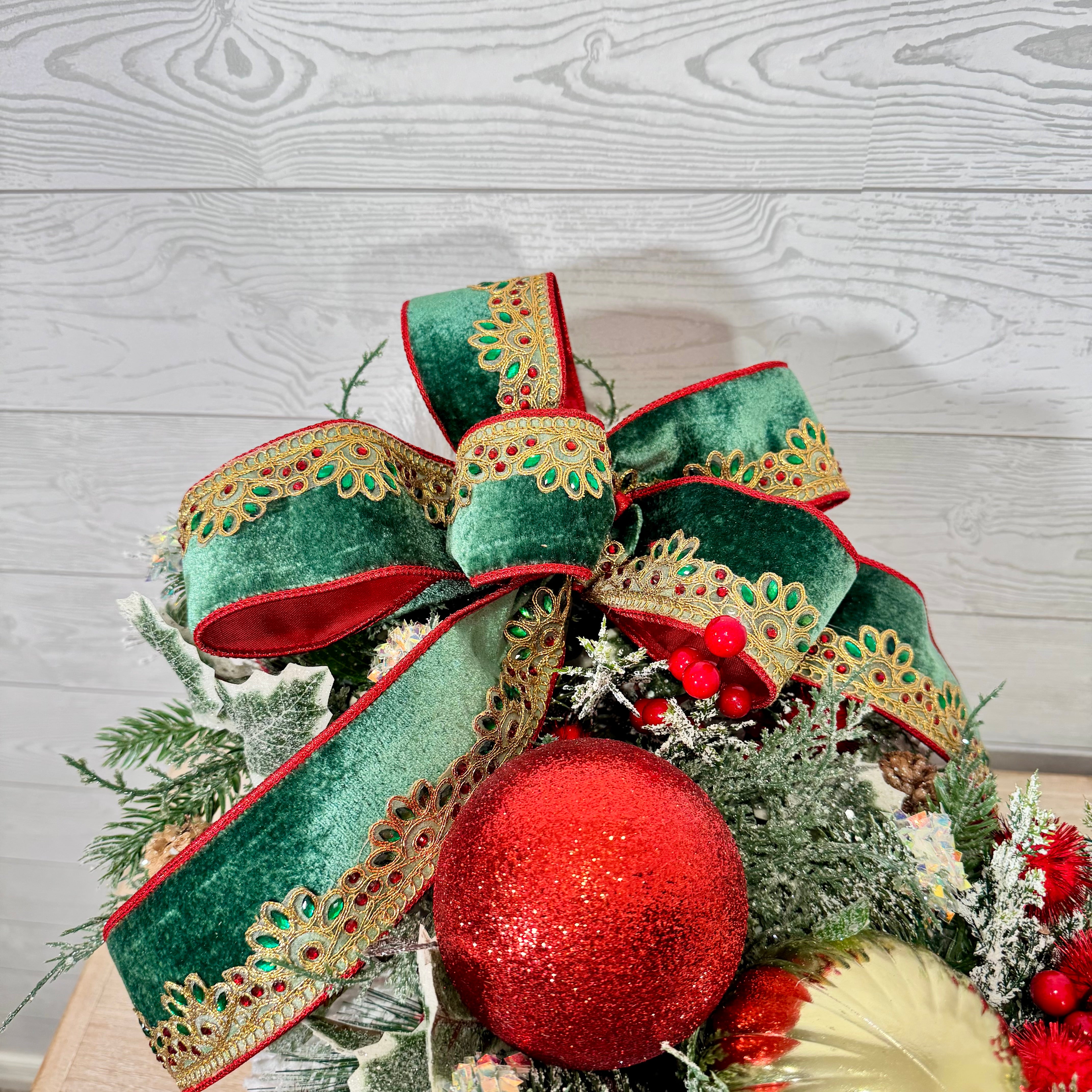Red Sleigh Christmas Centerpiece, Green Velvet Bow and Ornament Holiday Arrangement, Festive Table Décor