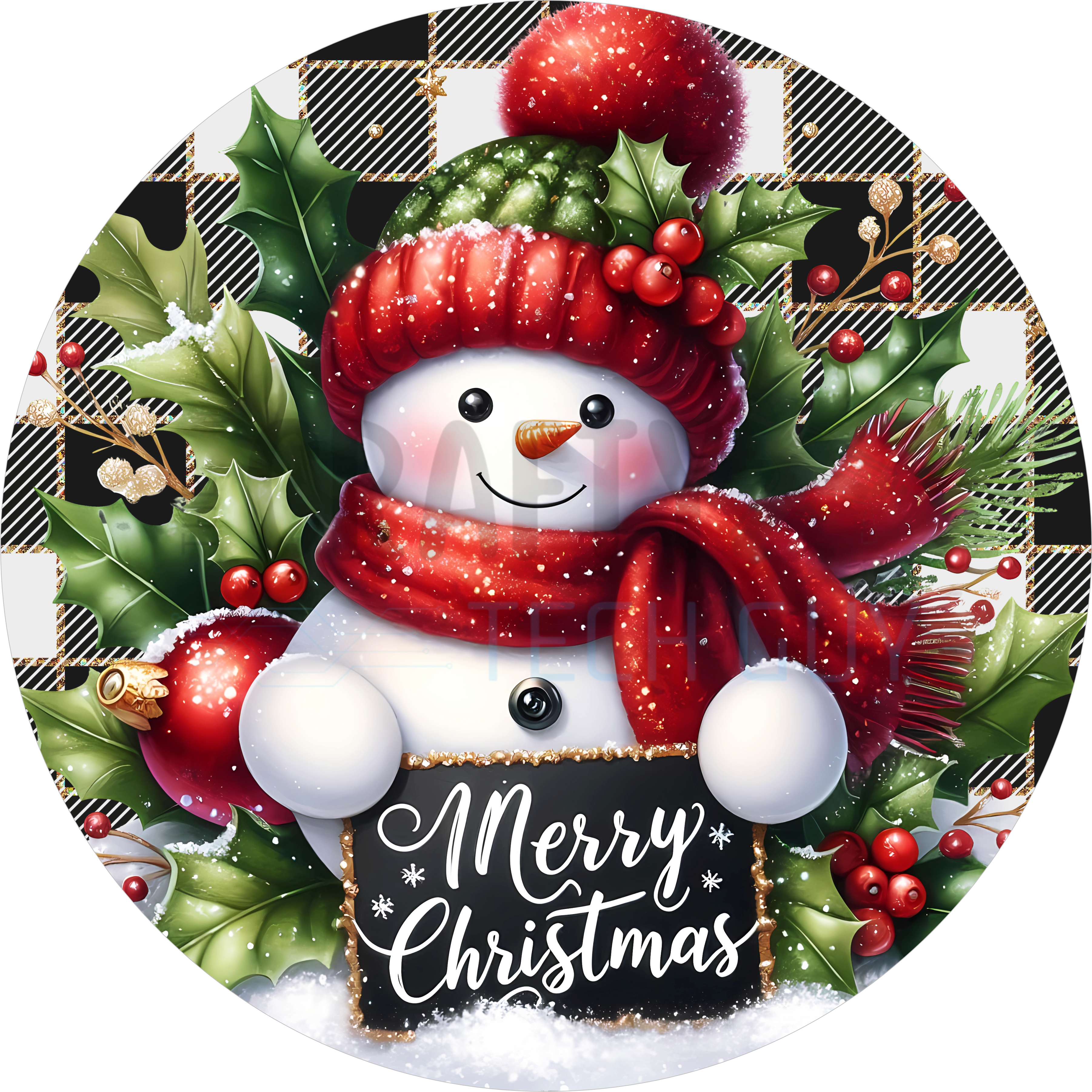 Letrero navideño de muñeco de nieve con cuadros de búfalo, corona navideña roja y verde, decoración caprichosa para puerta de entrada o repisa de invierno.