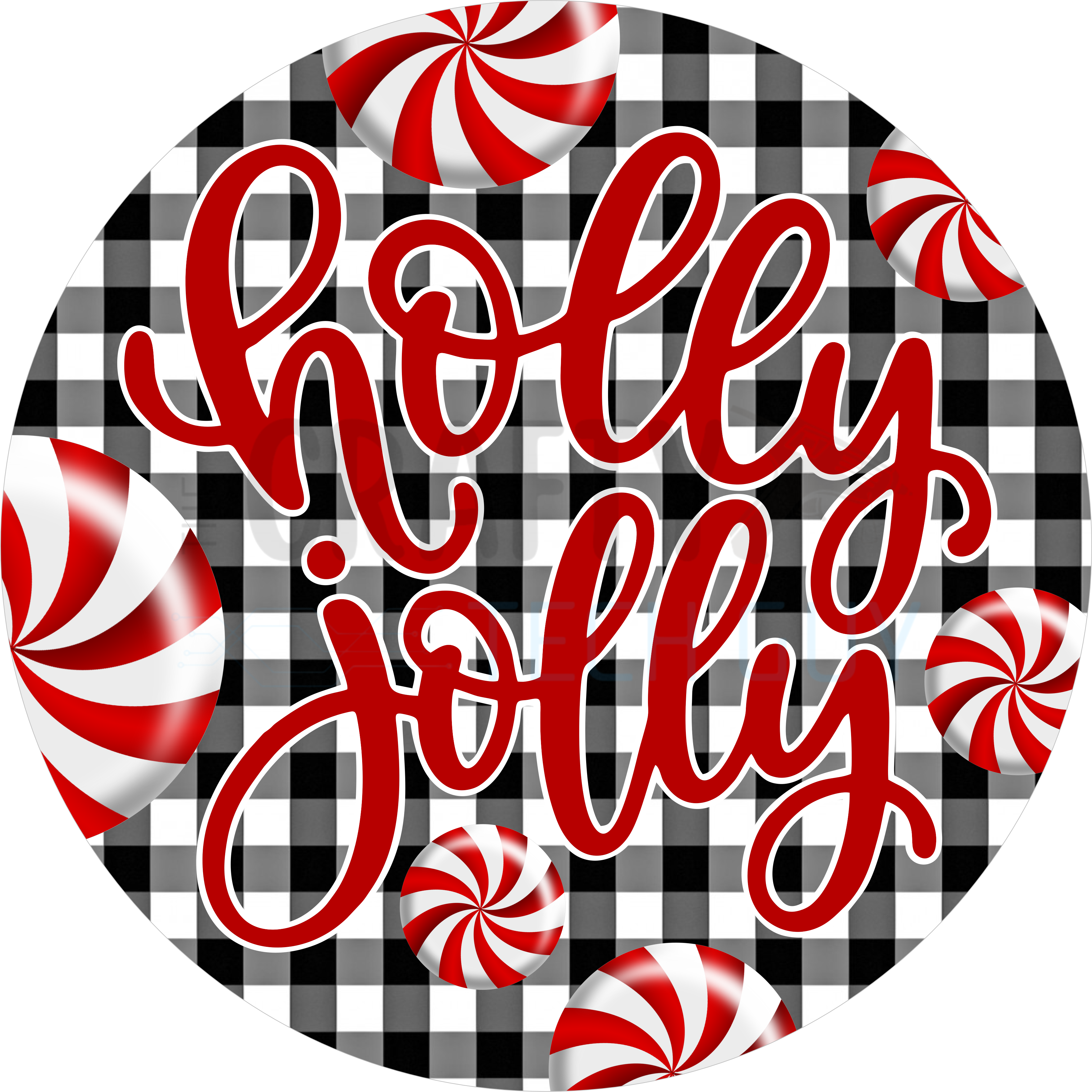 Holly Jolly Christmas Design with Peppermint Candies, Red Script Lettering, and Black Buffalo Plaid Background