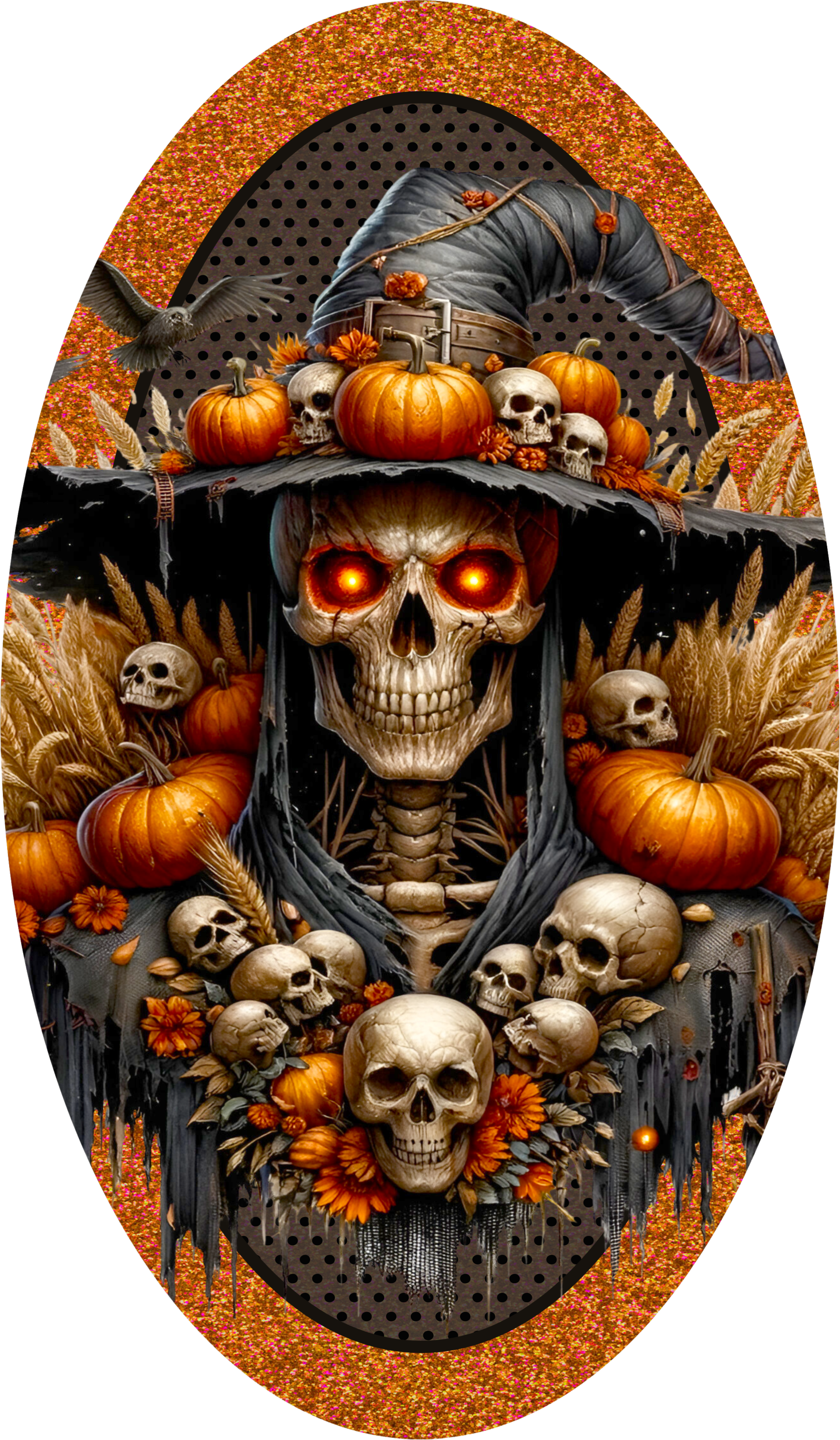 Spooky Skeleton Witch Halloween Sign, Fiery Skull Pumpkin Decor, Gothic Harvest Reaper Wreath Accent with Orange Glitter