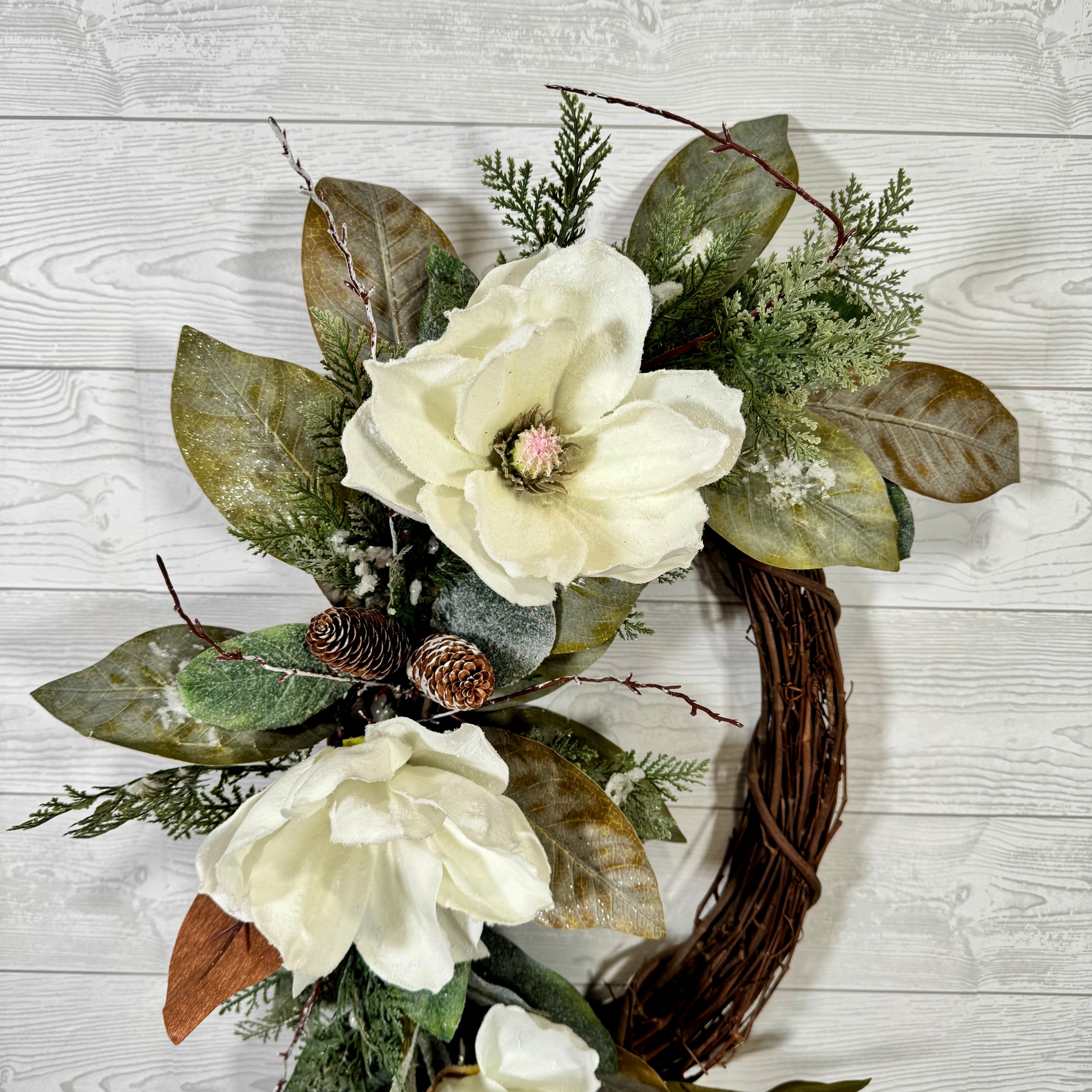 Elegant White Snowy Magnolia Wreath with Natural Greenery, Pine Accents, and Rustic Grapevine Base for Year-Round Front Door Decor