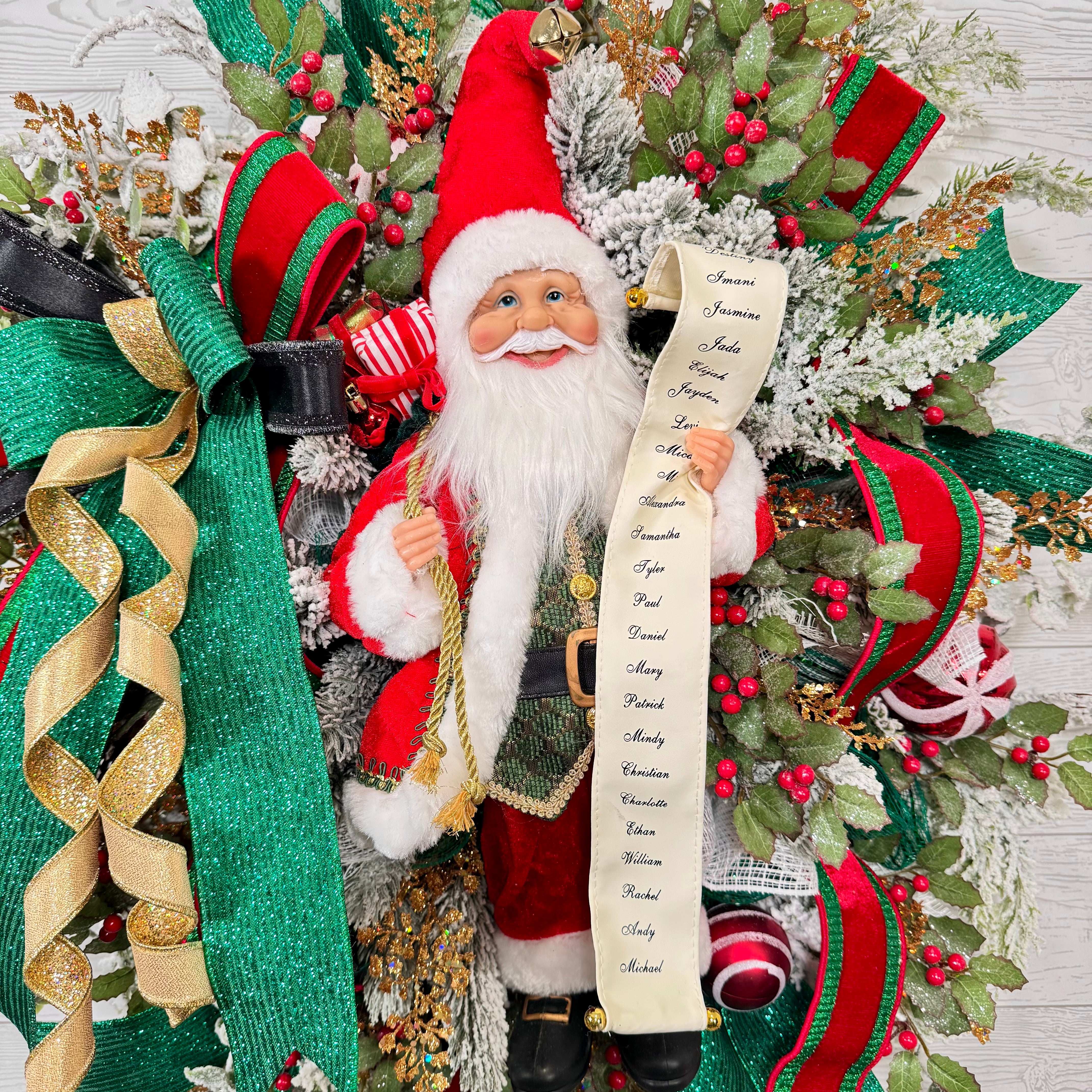 Santa Christmas Wreath, Festive Holiday Wreath with Santa Figure, Green and Gold Ribbon, Red Berries & Peppermint Accents