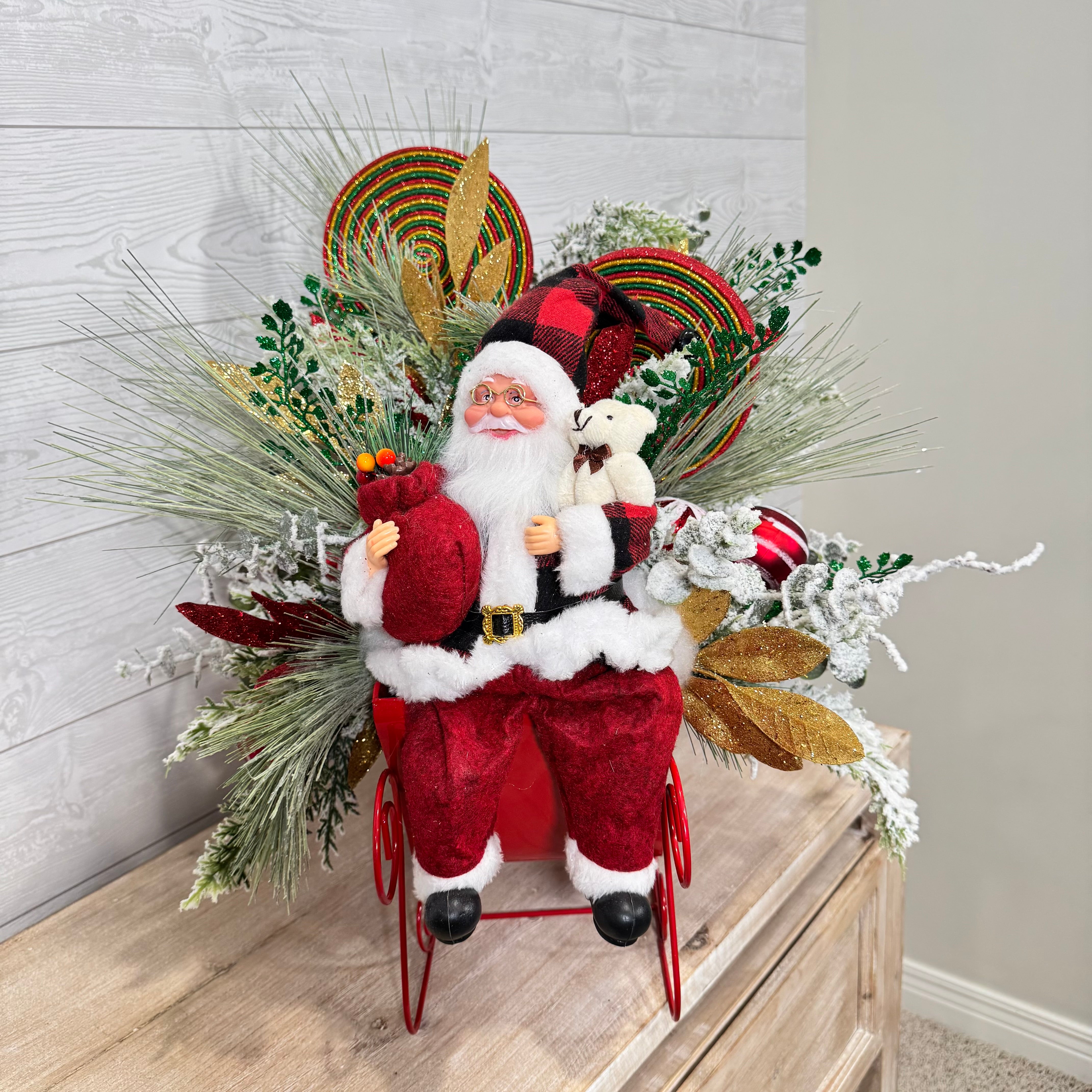 Santa Sleigh Christmas Centerpiece, Whimsical Holiday Arrangement with Plaid Santa, Lollipops & Frosted Greenery