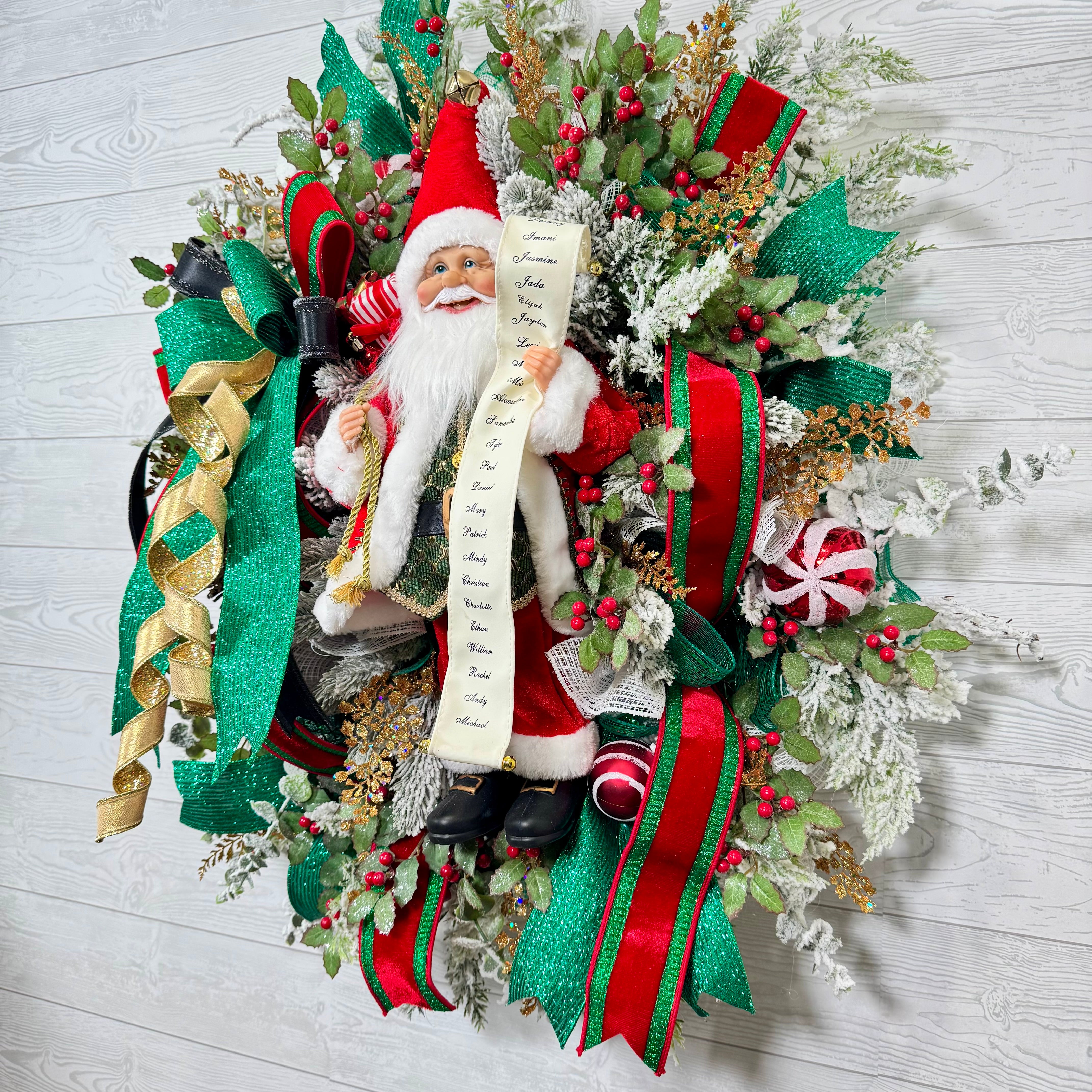 Santa Christmas Wreath, Festive Holiday Wreath with Santa Figure, Green and Gold Ribbon, Red Berries & Peppermint Accents