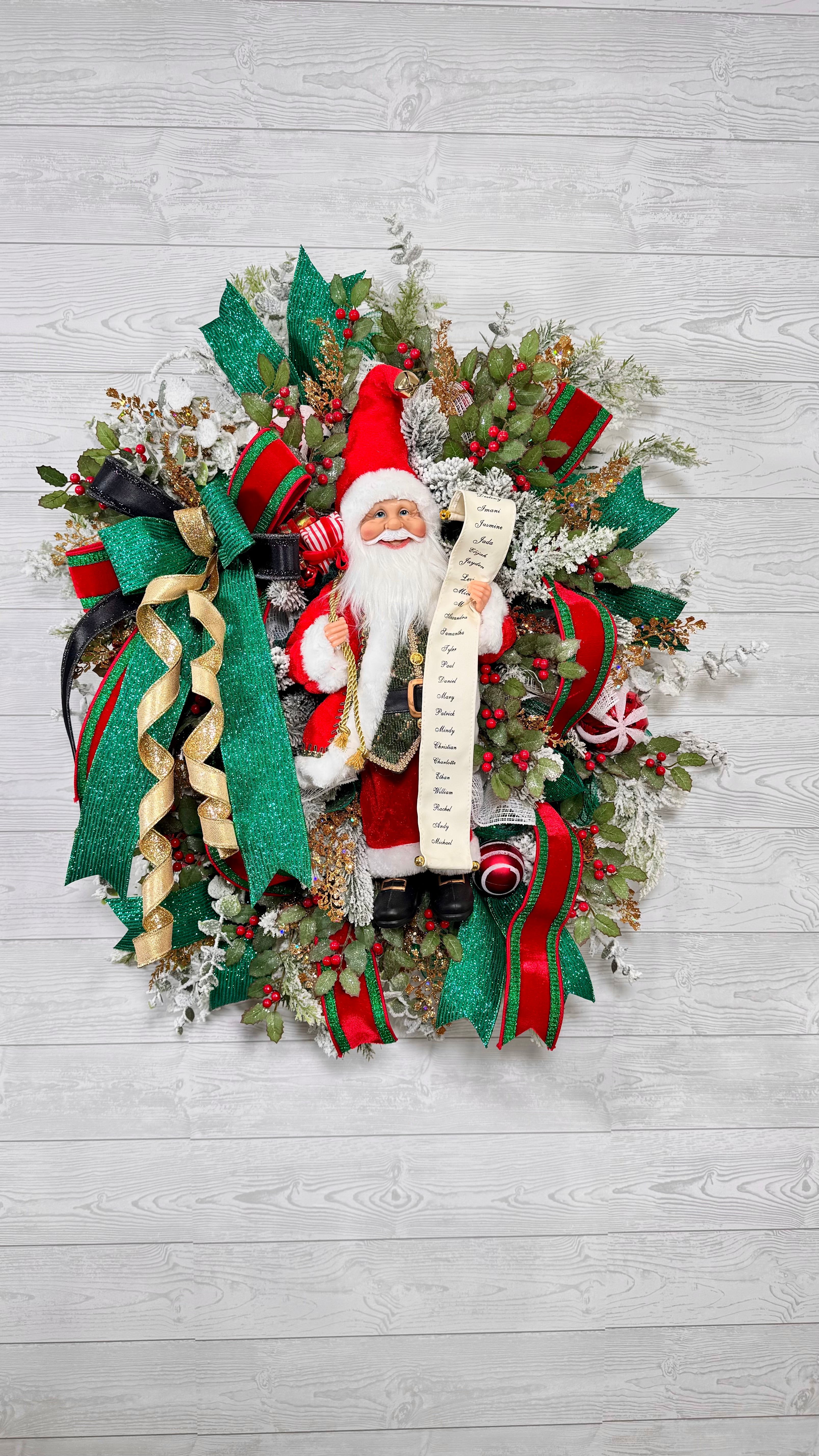 Santa Christmas Wreath, Festive Holiday Wreath with Santa Figure, Green and Gold Ribbon, Red Berries & Peppermint Accents