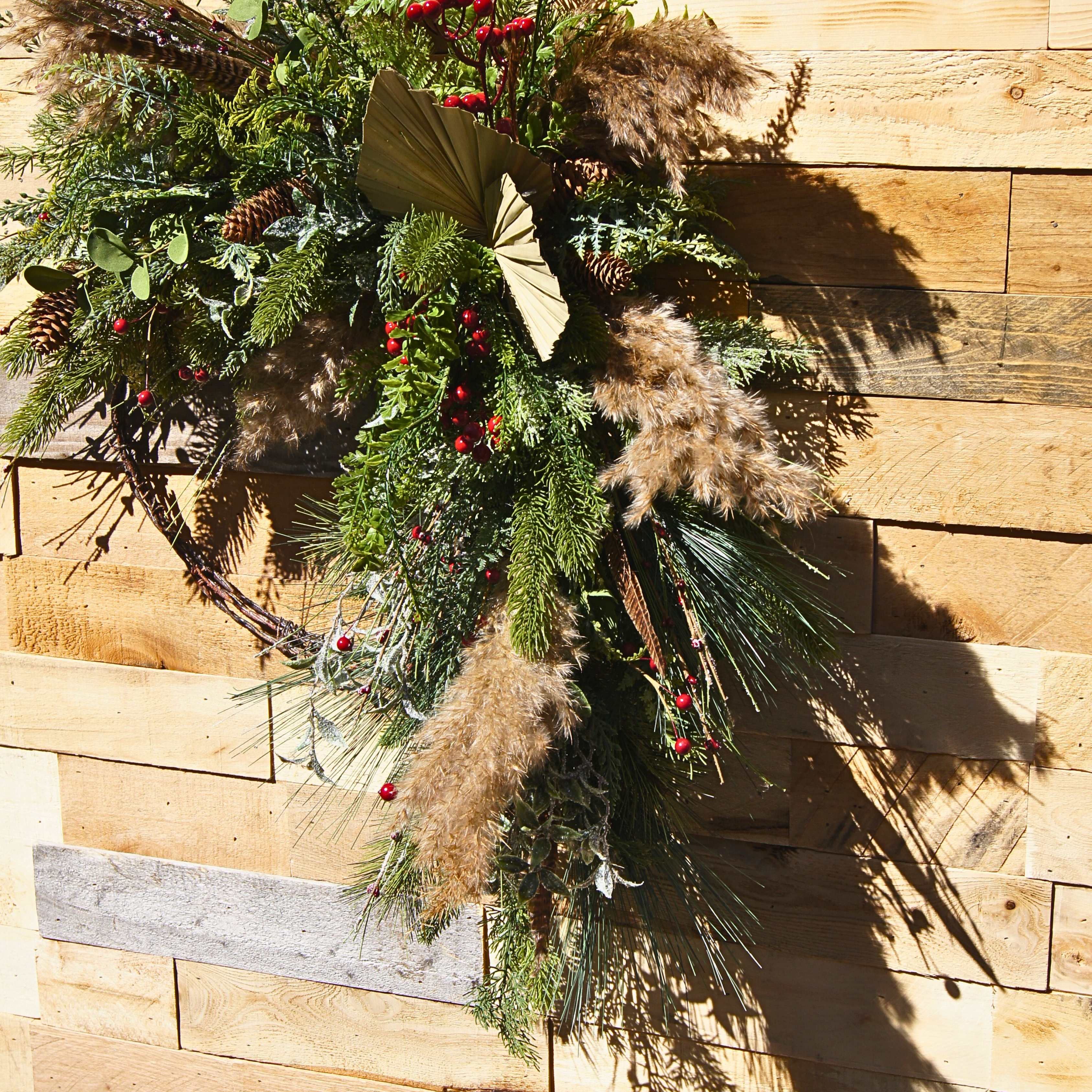 Boho Winter Wreath with Pampas Grass, Red Berries & Pinecones – Rustic Barbed Wire Base